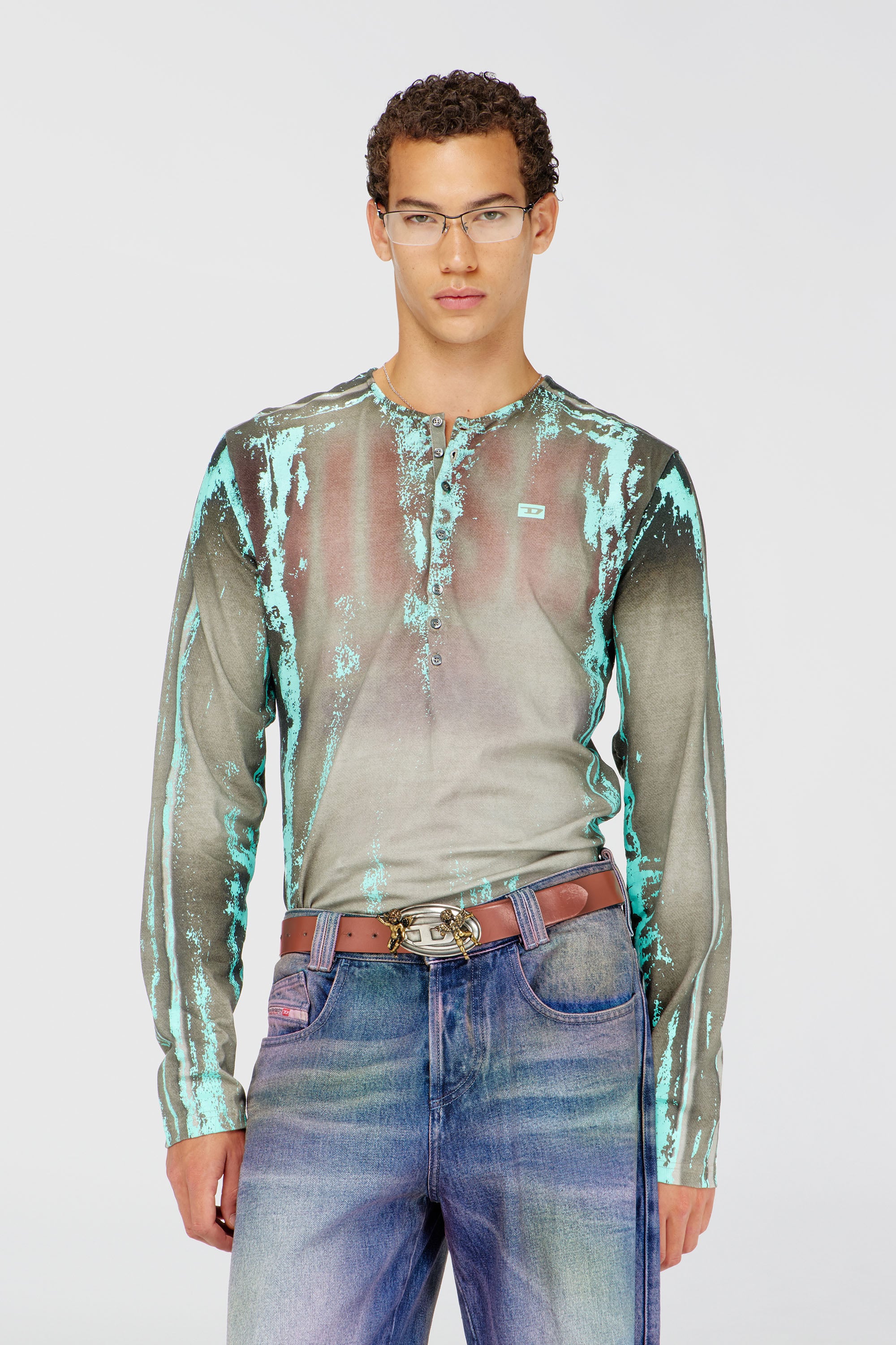 Diesel - T-FYNO-ML, Grandad T-shirt in jersey effetto pelle craquel&eacute; Uomo in Multicolor - 1