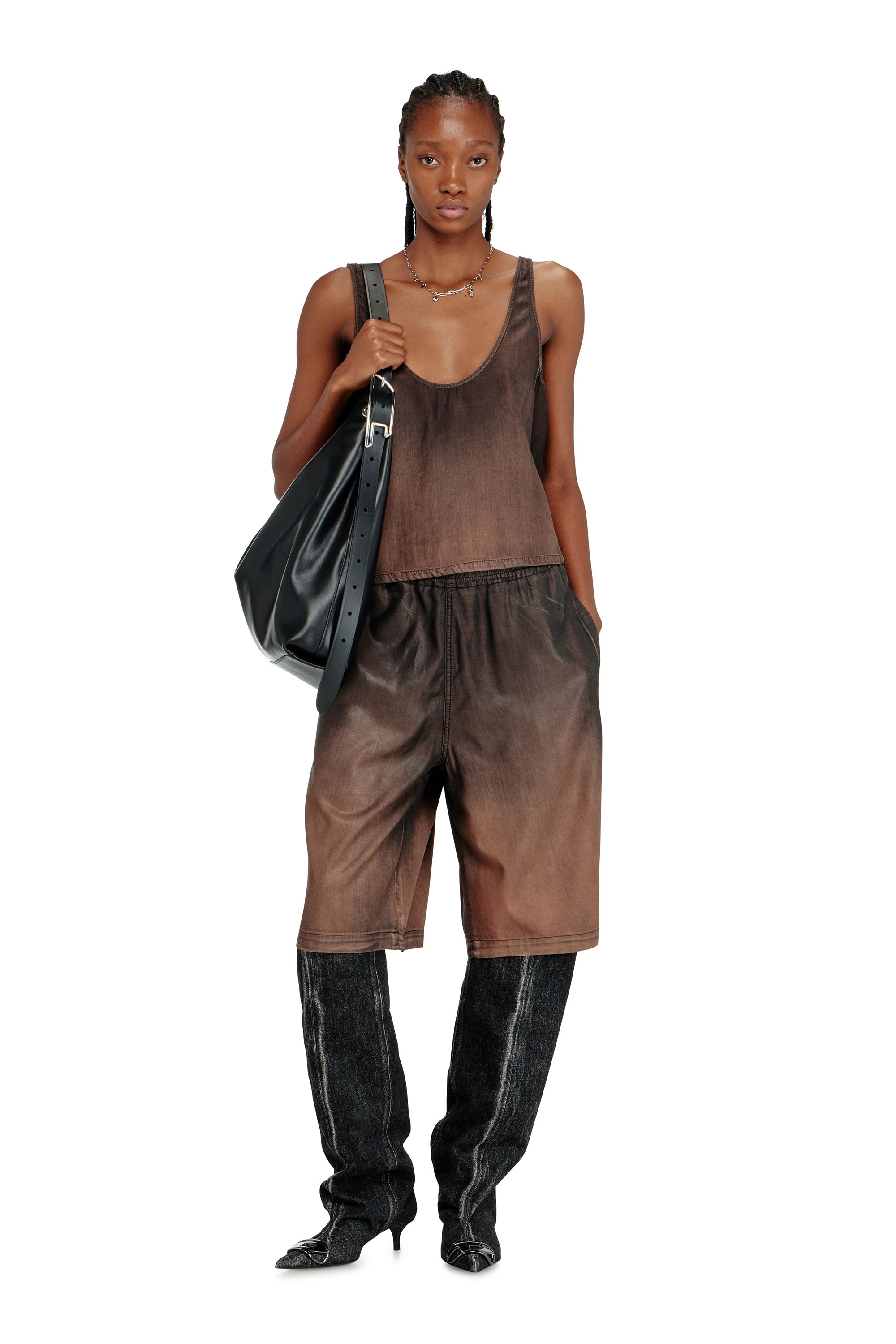 Diesel - DE-NORIAN-S, Canotta in denim fluido spalmato Donna in Marrone - 2