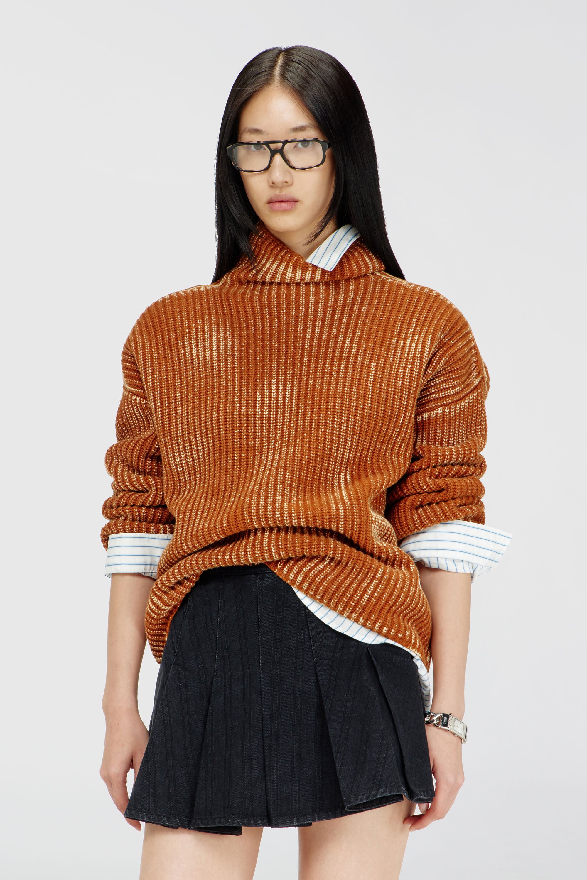 Diesel - M-AMET, Maglione a collo funnel in misto lana a costine Donna in Marrone - 1
