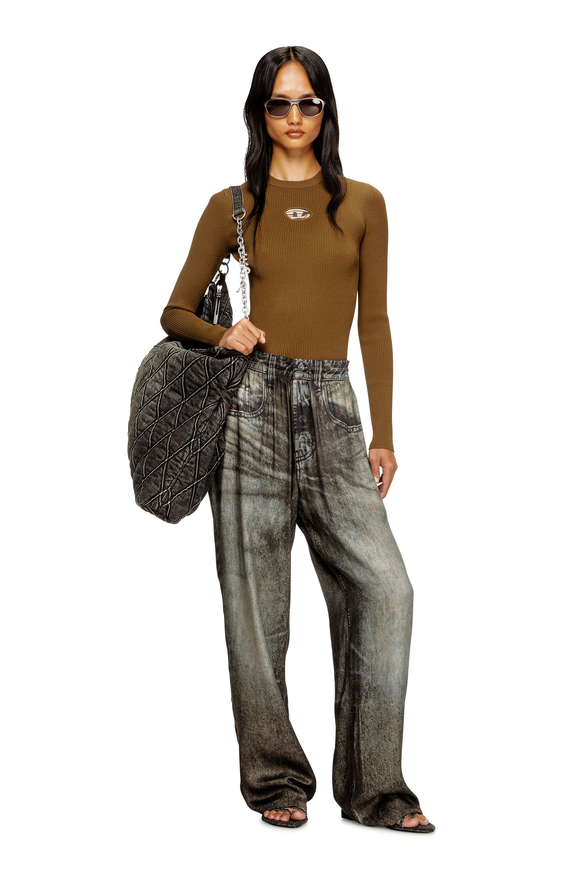 Diesel - M-VALARI, Top a coste in viscosa con Oval D Donna in Marrone - 1