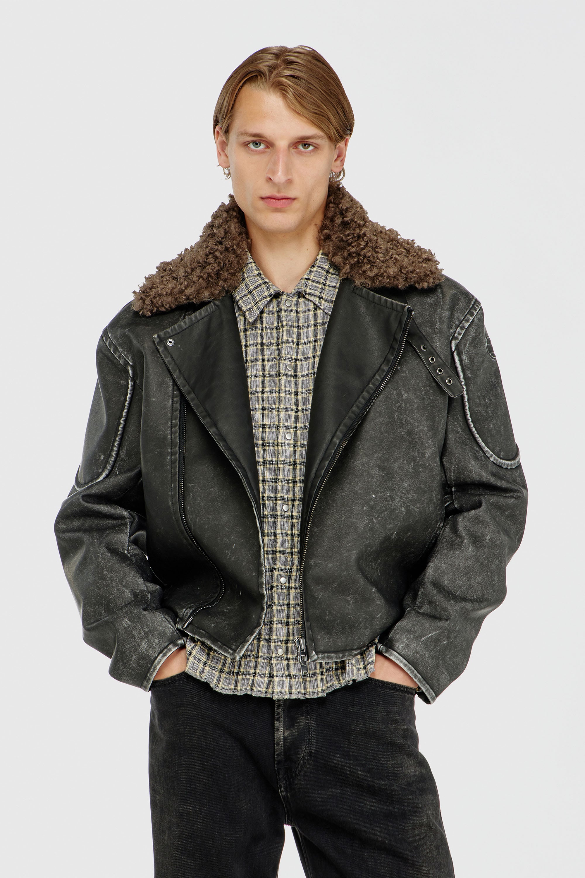 Diesel - W-ALEX, Giacca biker con collo staccabile Uomo in Grigio - 1