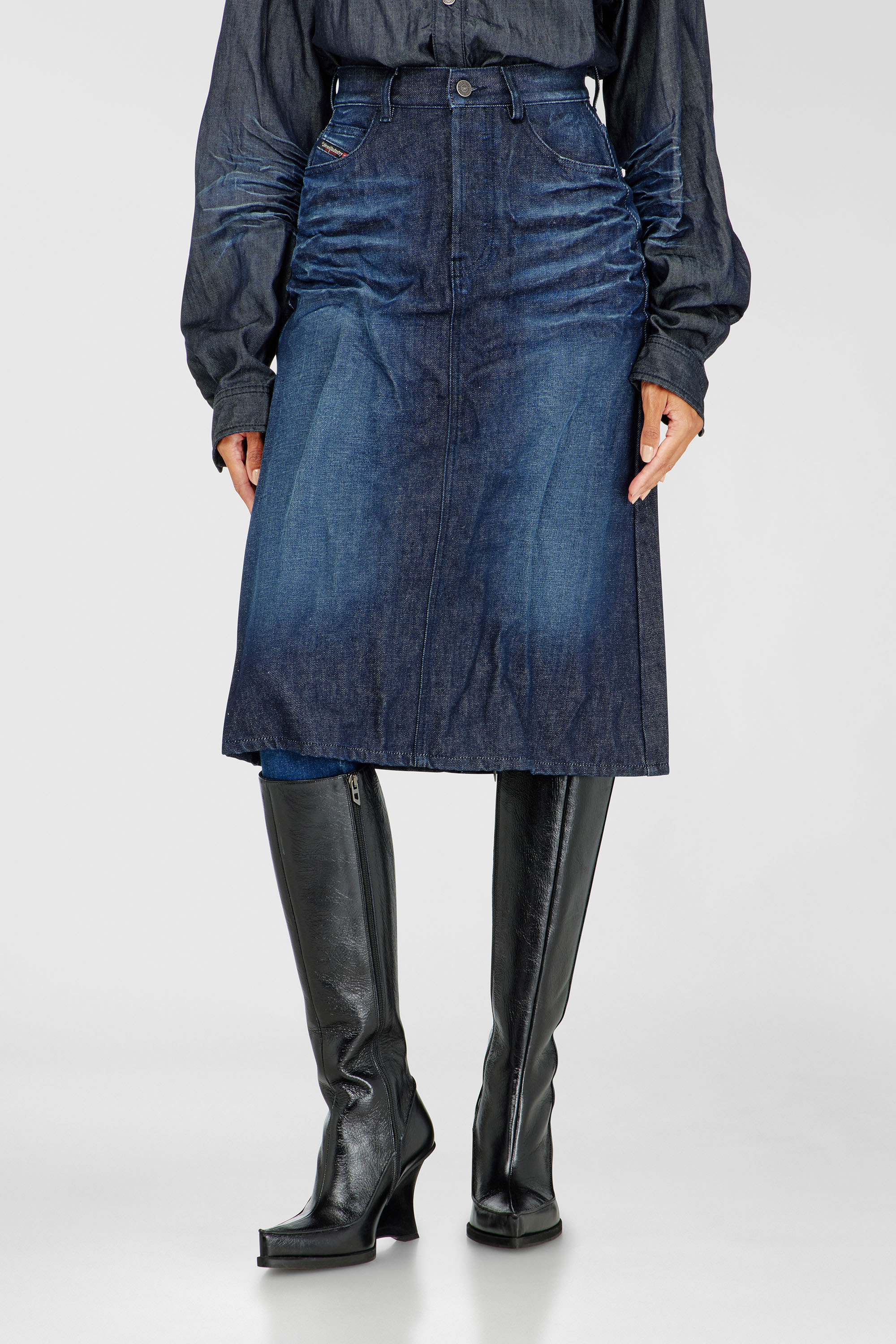 Diesel - DE-IRTI-FSJ, Gonna midi in denim effetto stropicciato Donna in Blu - 3