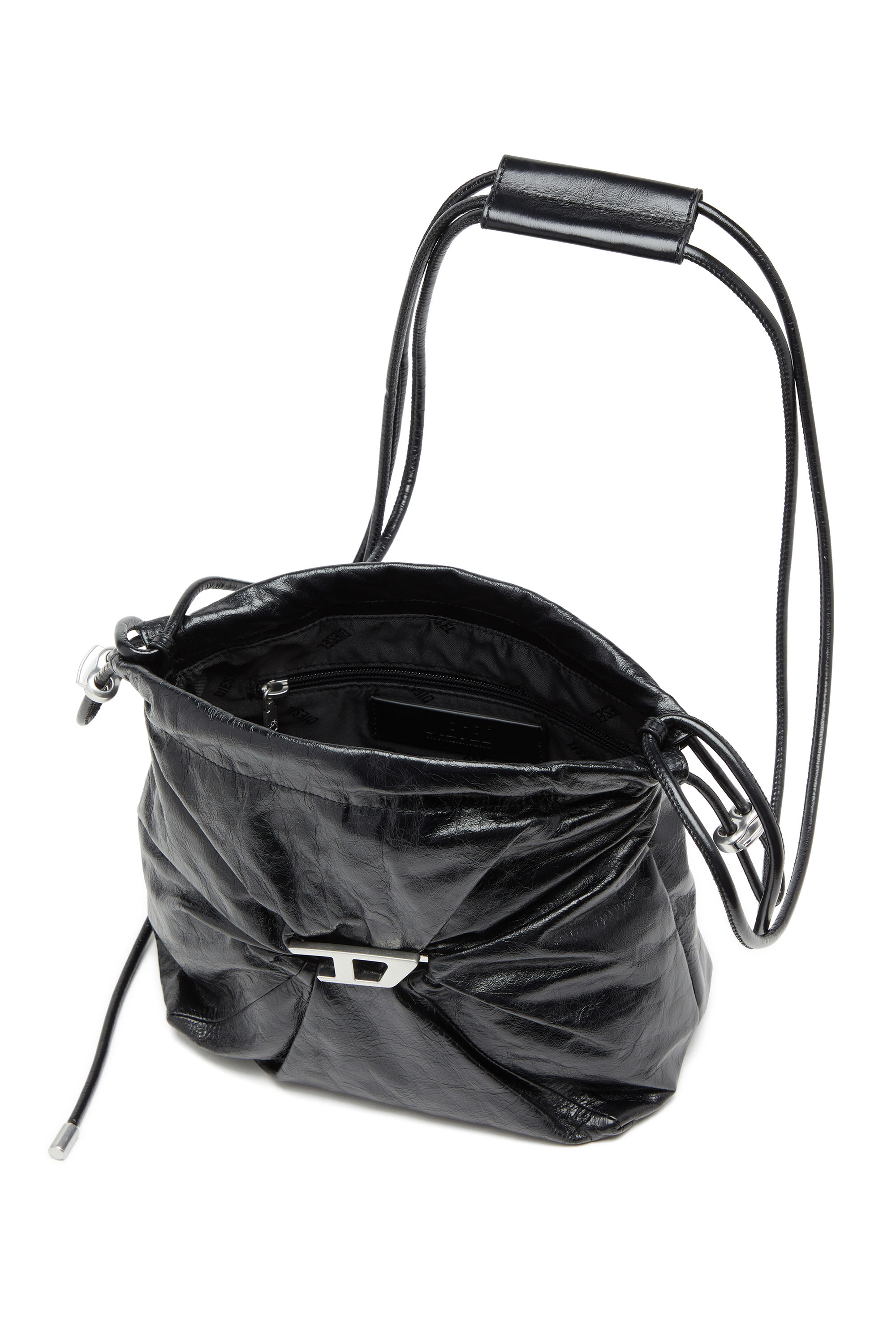 Diesel - SCRUNCH-D BUCKET, Scrunch-D-Borsa bucket in pelle lucida stropicciata Donna in Nero - 4