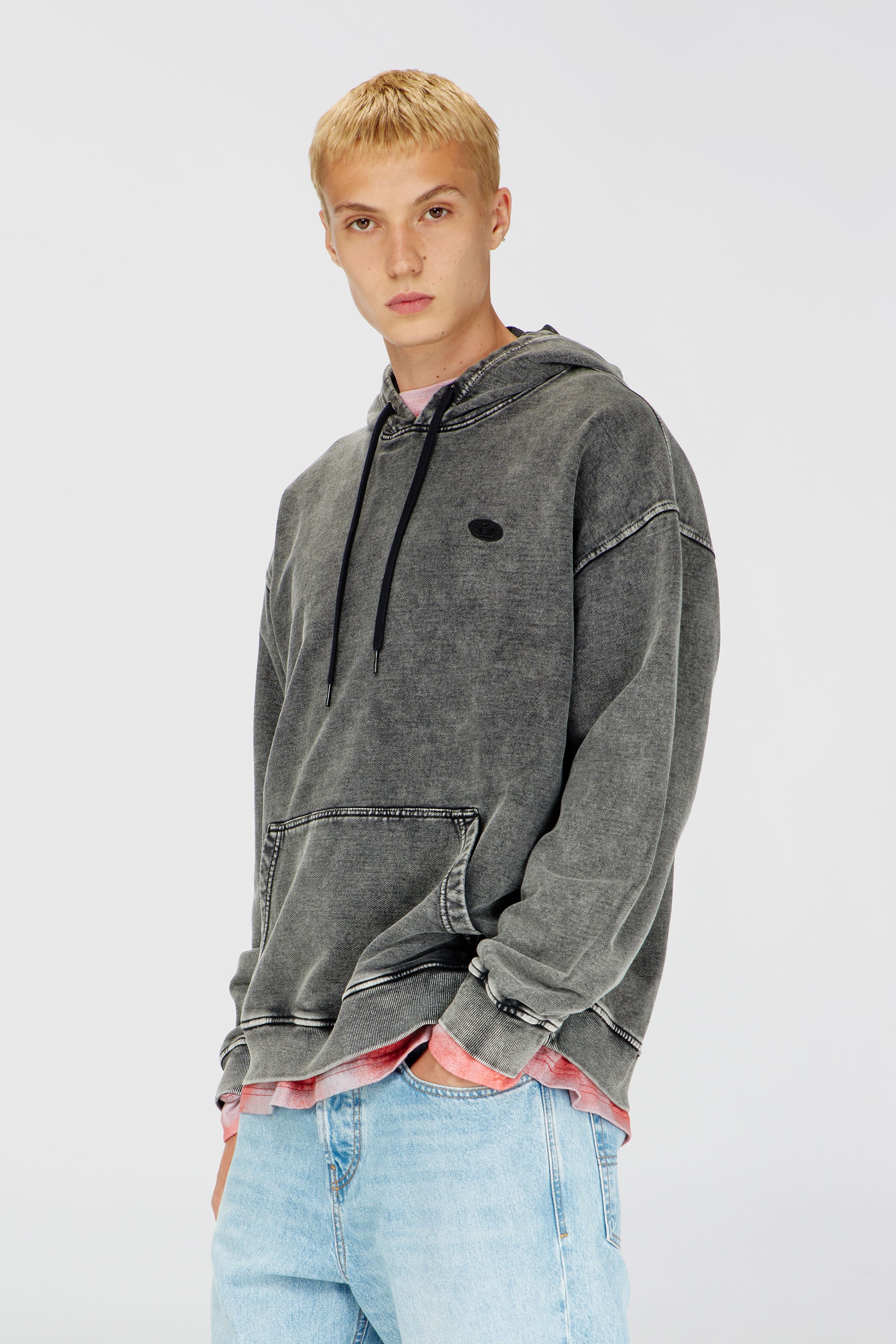 Diesel - S-BOXT-HOOD-DEN, Felpa con cappuccio con toppa posteriore tagliata a vivo Uomo in Grigio - 1