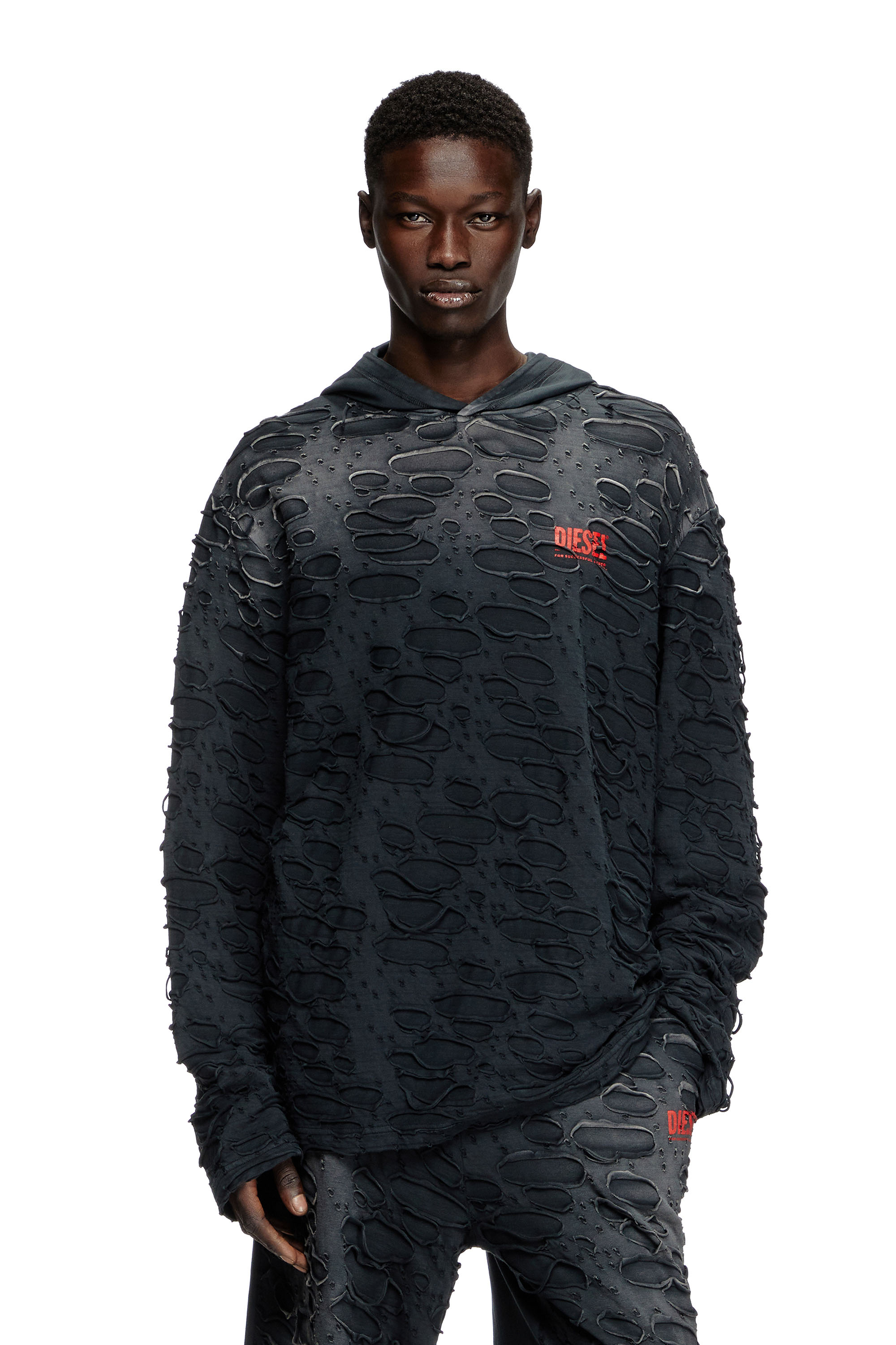 Diesel - T-CRANE-LS-HOOD, Hoodie leggero con buchi Uomo in Nero - 3