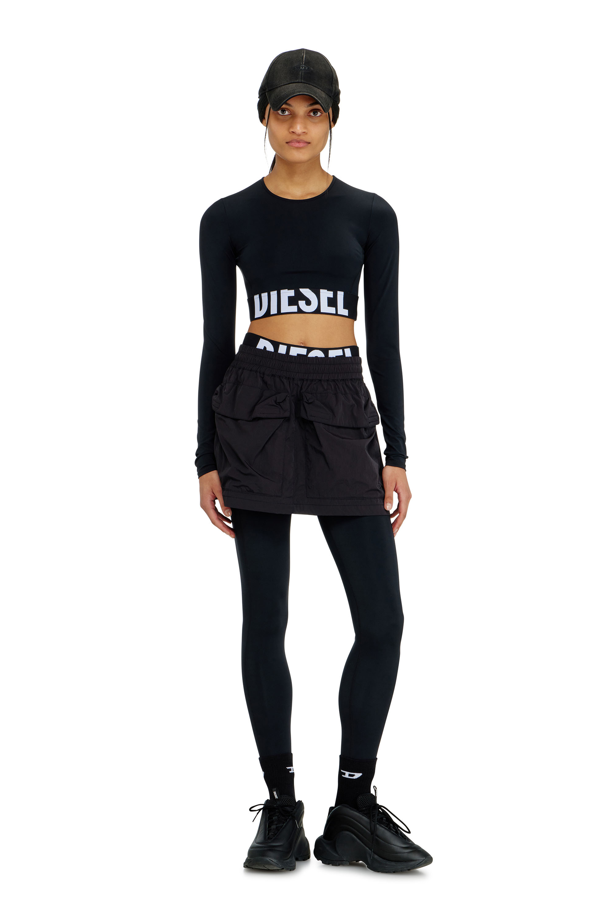 Diesel - ADELINE-D-POP, Leggings in microfibra con logo tagliato Donna in Nero - 5