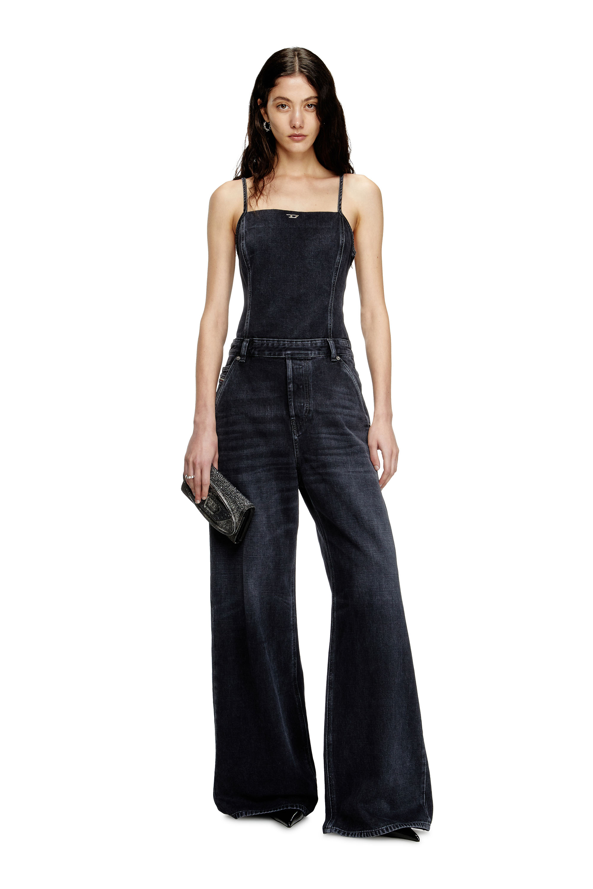 Diesel - DE-VORS, Tuta con spalline in denim batavia Donna in Nero - 1