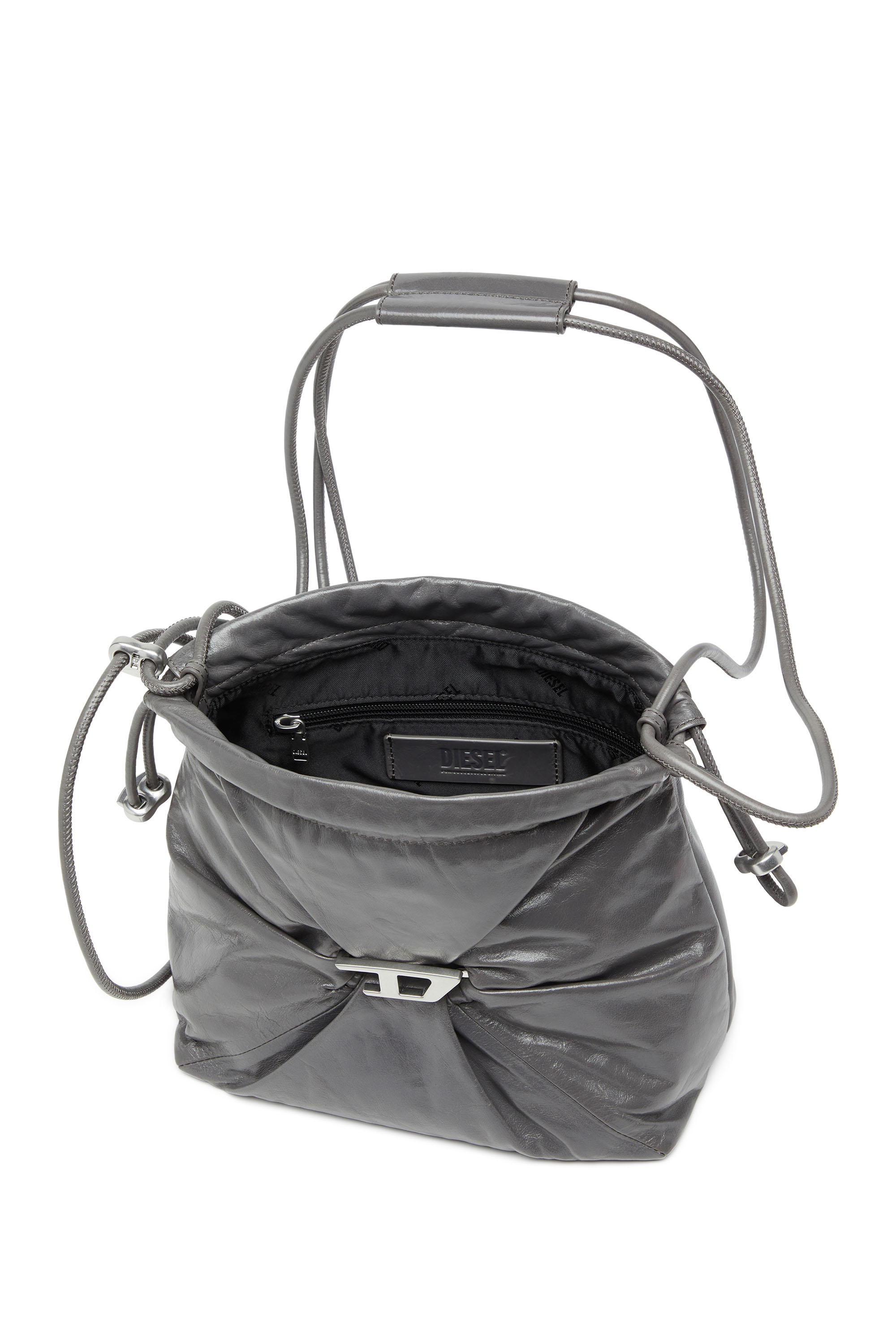 Diesel - SCRUNCH-D BUCKET, Scrunch-D-Borsa bucket in pelle lucida stropicciata Donna in Grigio - 4