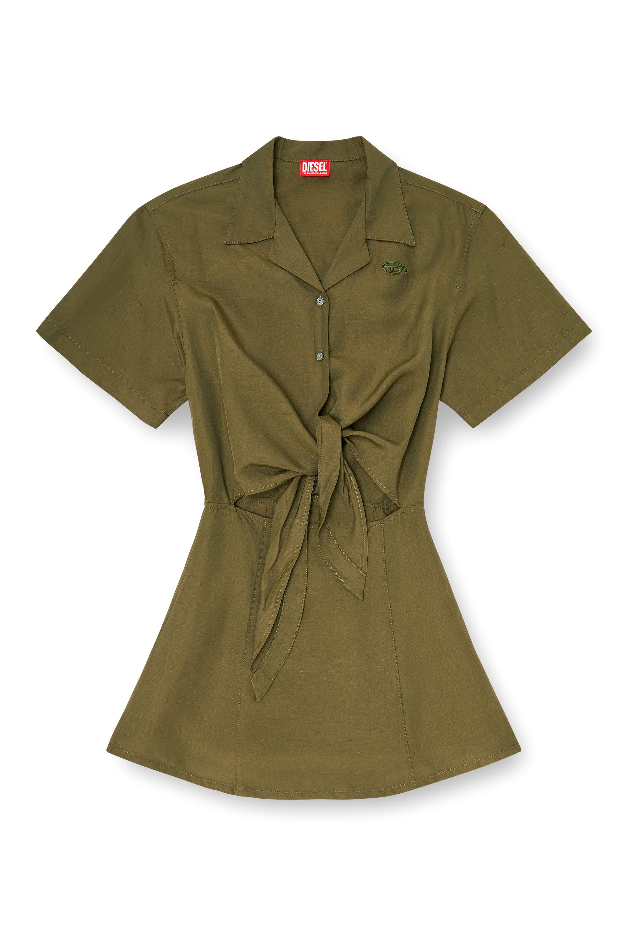 Diesel - D-STALL, Mini abito in misto lino con nodo in vita Donna in Verde - 1
