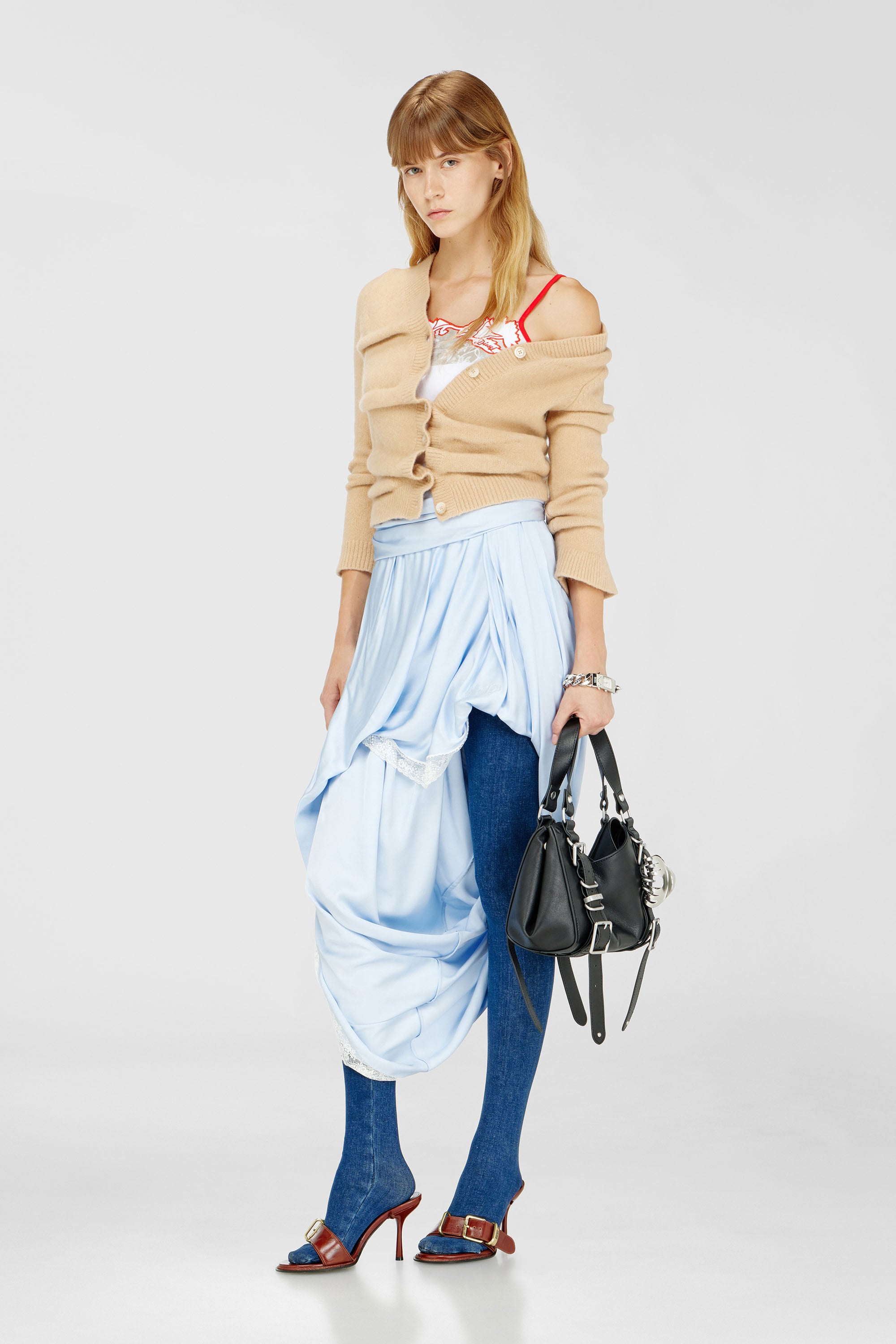 Diesel - O-WANDA, Gonna midi in raso drappeggiato con bordo in pizzo Donna in Blu - 1