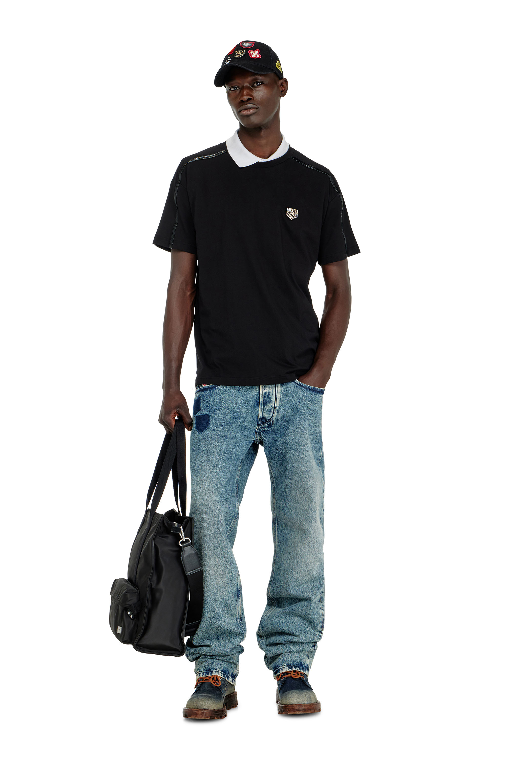 Diesel - T-NORM-FL, T-shirt con profili a contrasto e patch logo Uomo in Nero - 2
