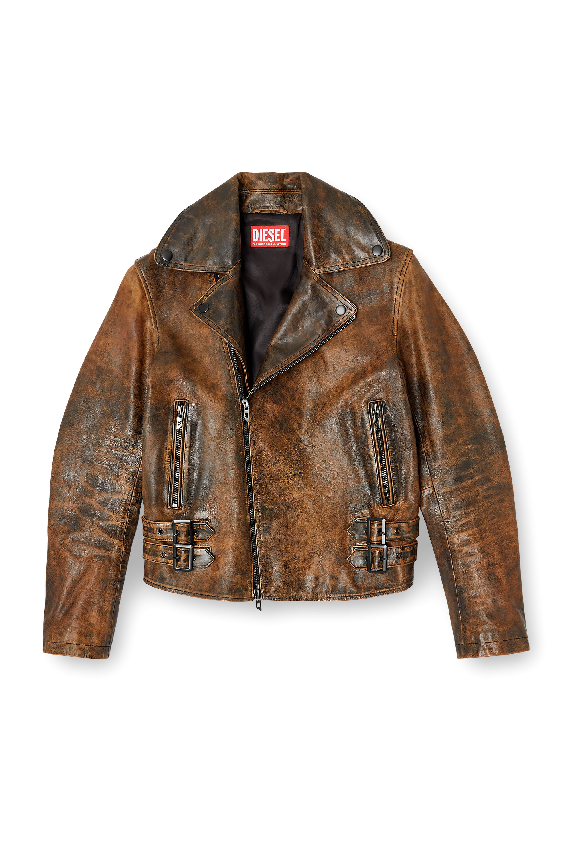 Diesel - L-EON, Giacca biker in pelle trattata Uomo in Marrone - 2