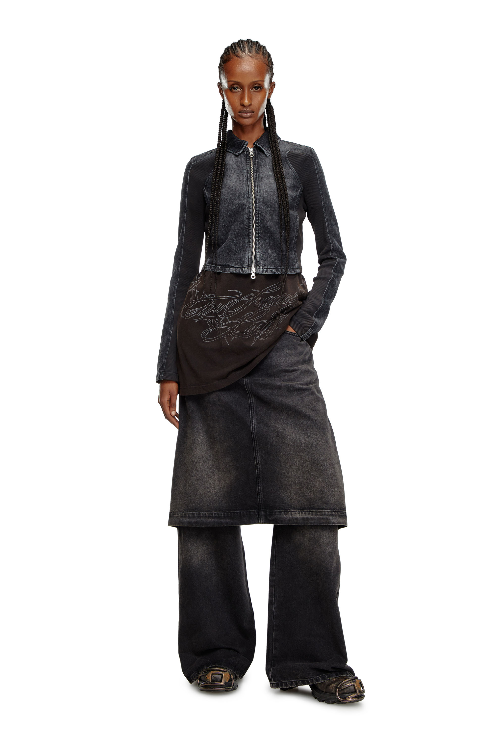 Diesel - DE-SYLEN-S, Giacca corta in denim con inserti a coste Donna in Nero - 1