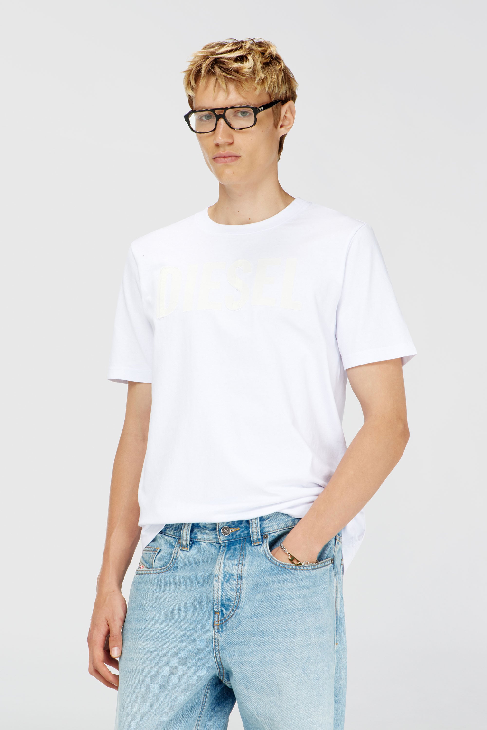 Diesel - T-JUST-APP-T92, T-shirt in cotone con stampa logo Diesel tono su tono Uomo in Bianco - 1