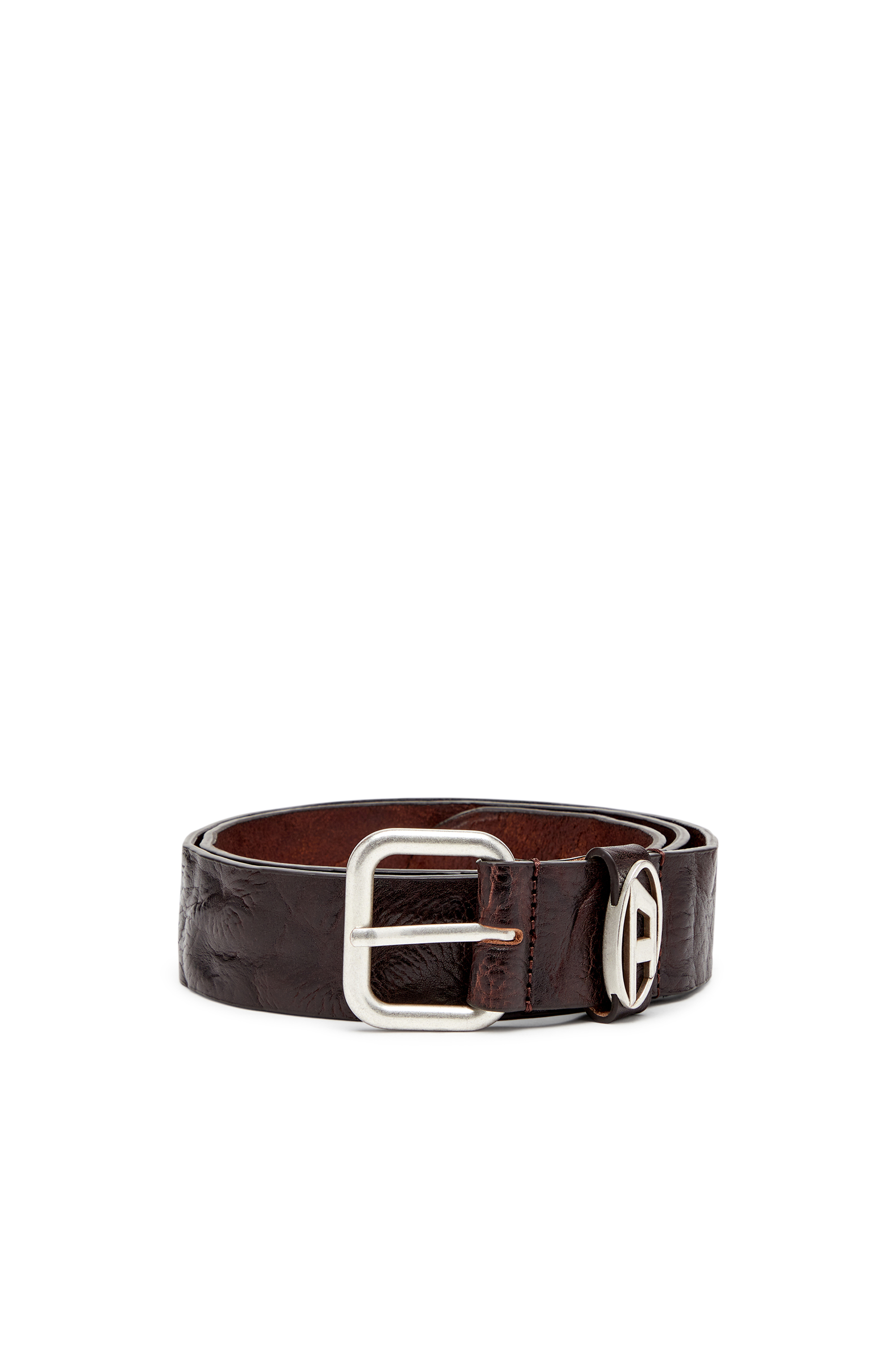 Diesel - B-1DR OVAL D LOOP, Logo-plaque wrinkled leather belt Unisex in Marrone - 1