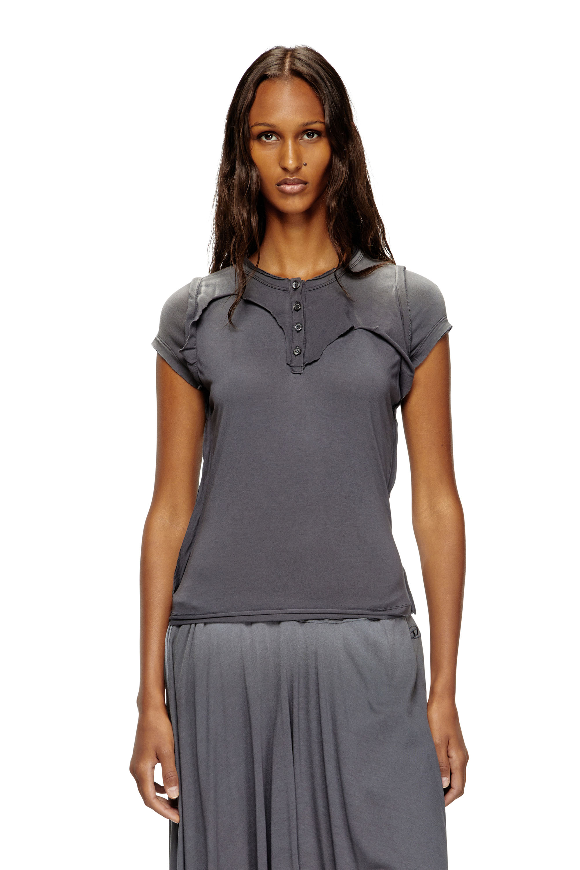 Diesel - T-UNRAWY, T-shirt Henley con effetto peel-off Donna in Grigio - 1