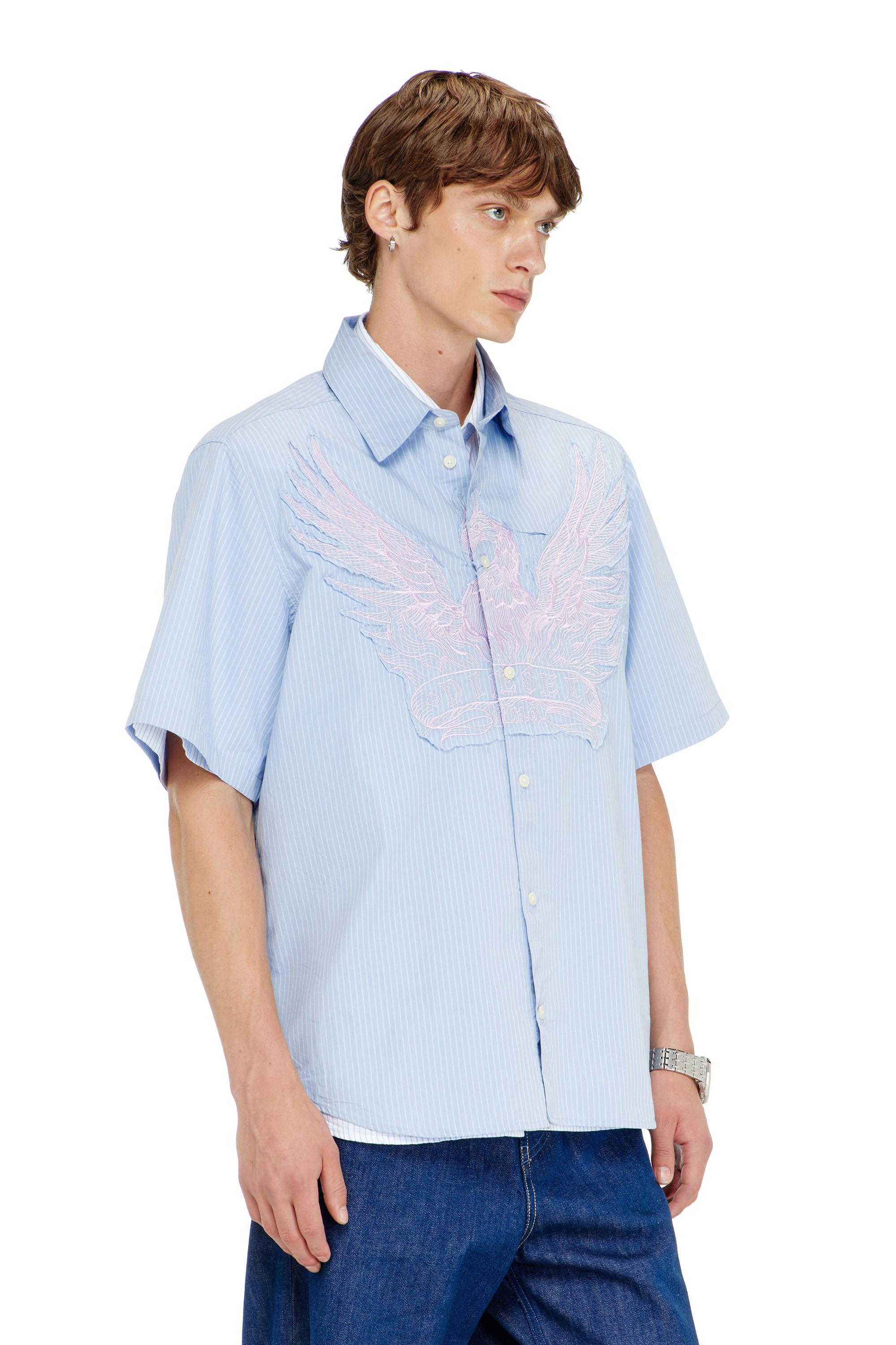 Diesel - S-SIMPLY-SS-AGCZ, Camicia in popeline a righe con patch ricamato Uomo in Blu - 1