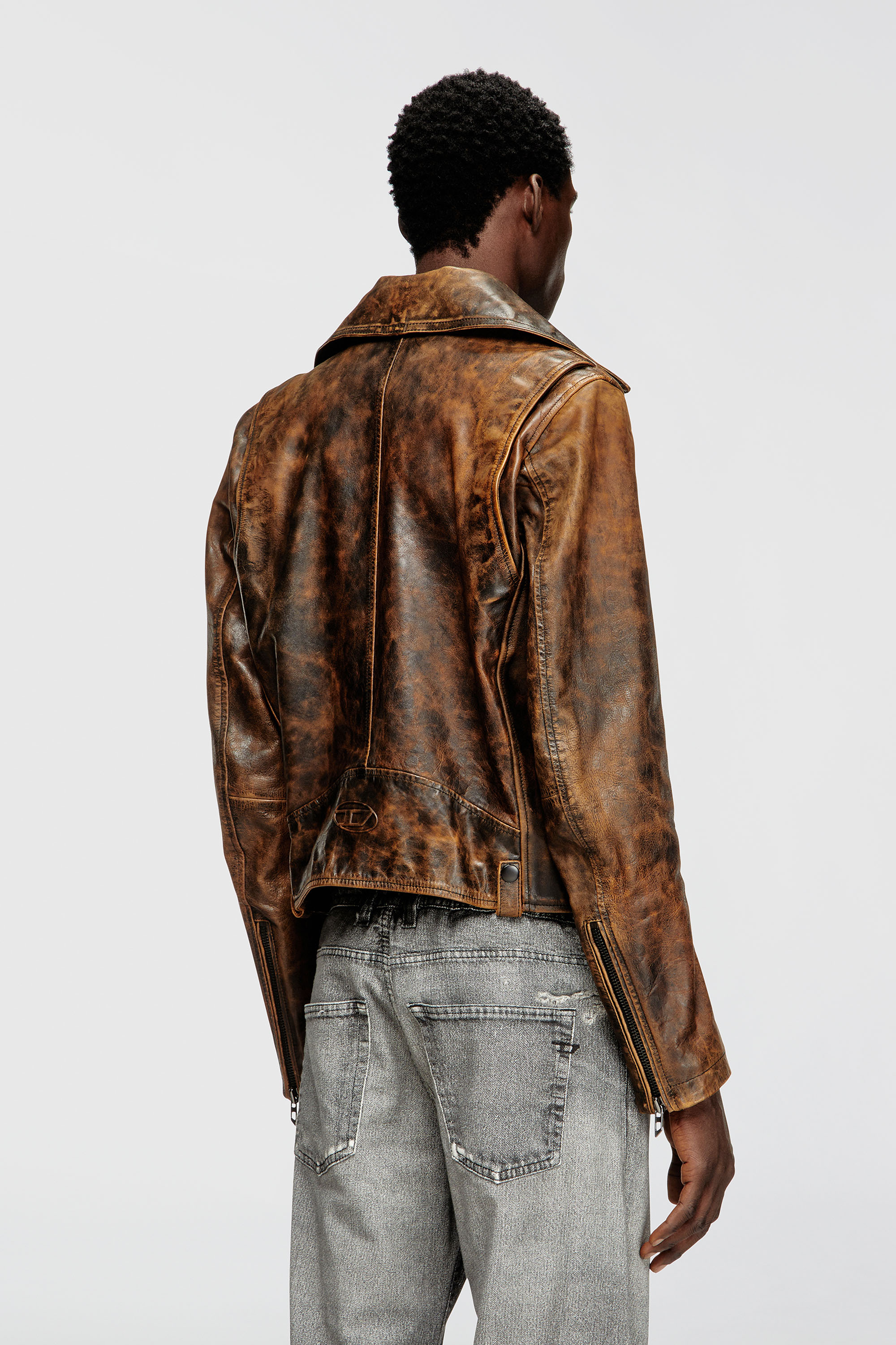 Diesel - L-EON, Man's Biker jacket in treated leather in Brown - 4
