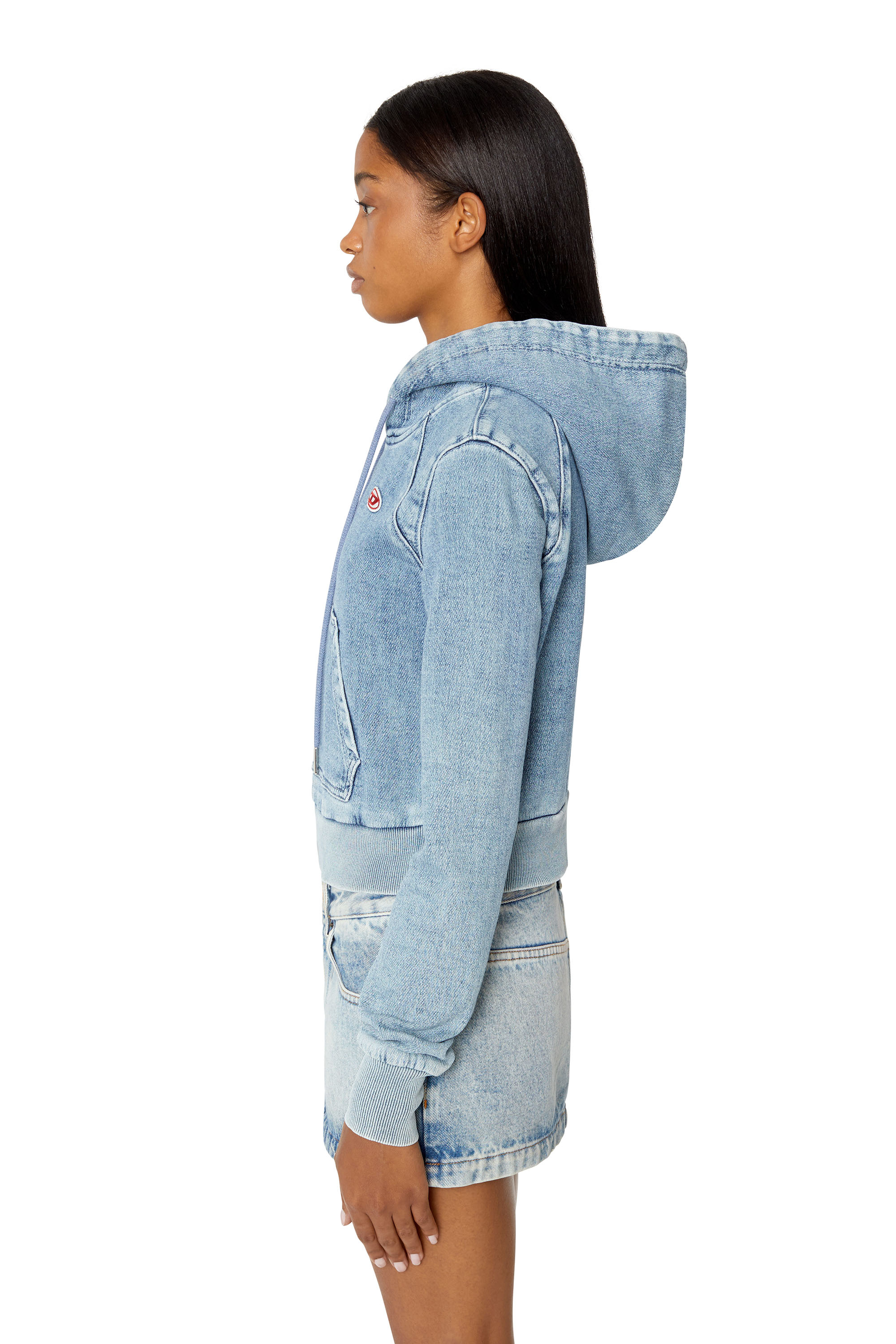 Diesel - D-ANGY TRACK DENIM HOODIE, Felpa corta con cappuccio in Track Denim Donna in Blu - 5