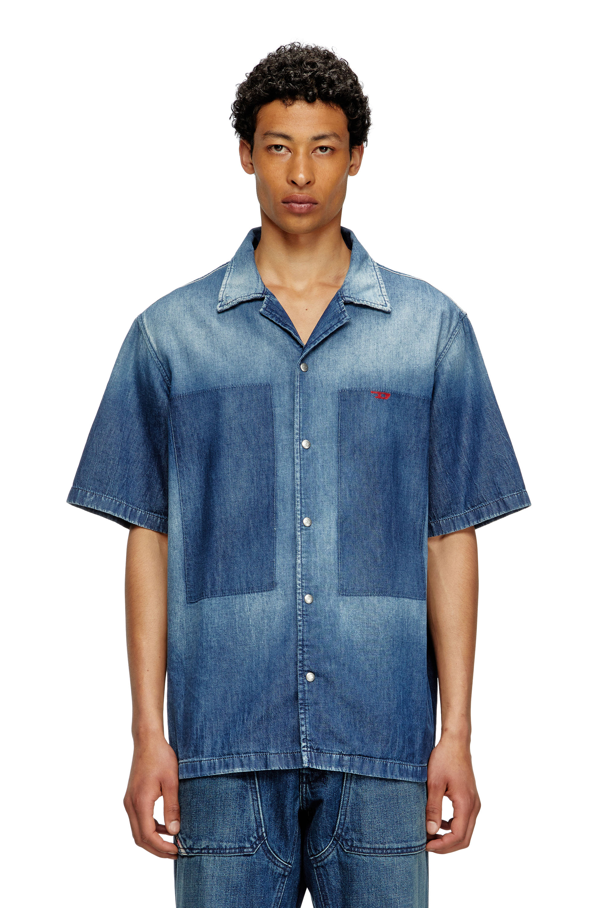 Diesel - D-NABIL-D, Camicia bowling con denim a contrasto Uomo in Blu - 3
