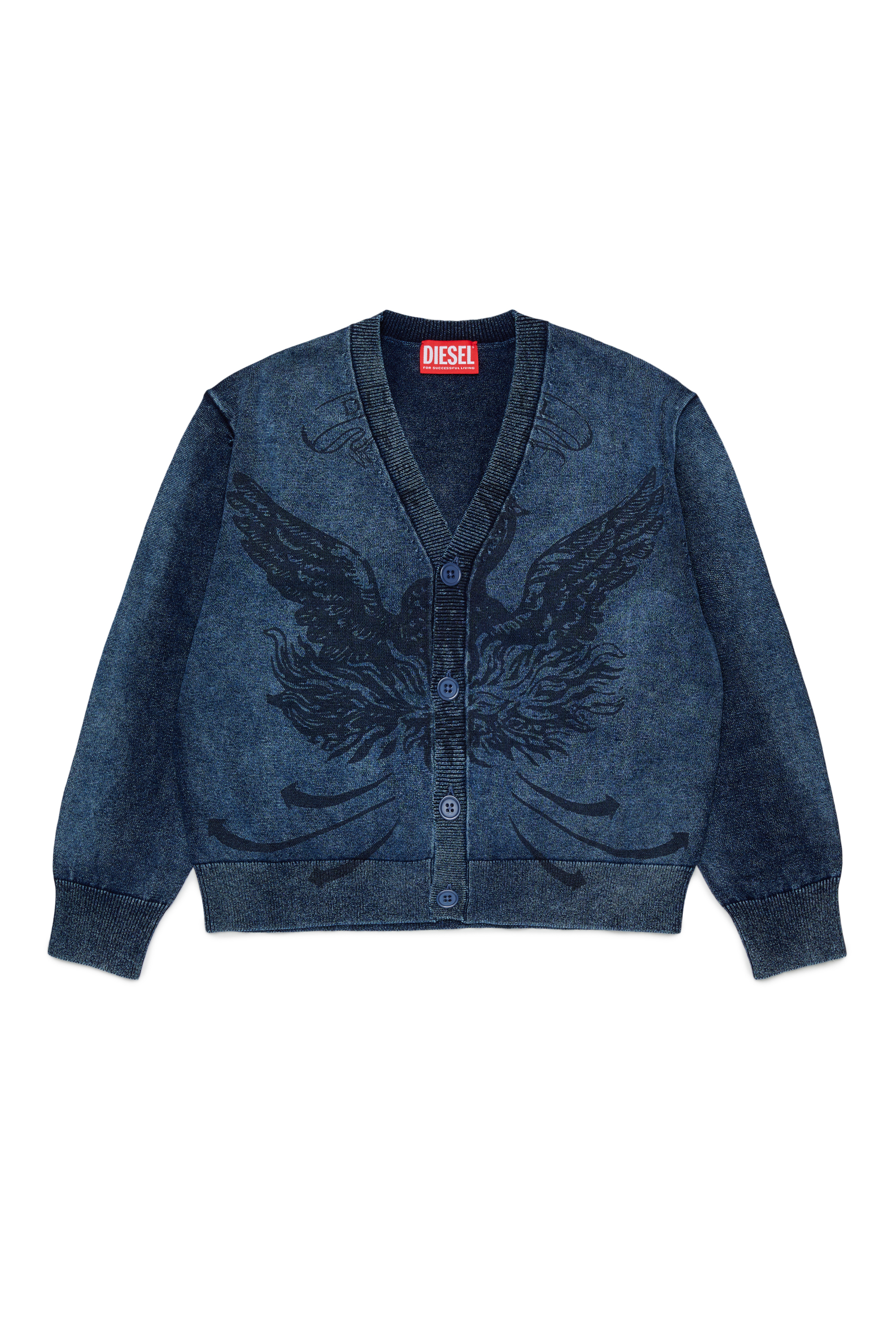 Diesel - KFINNIC CARDIGAN OVER, Cardigan effetto denim con motivo fenice Uomo in Blu - 1
