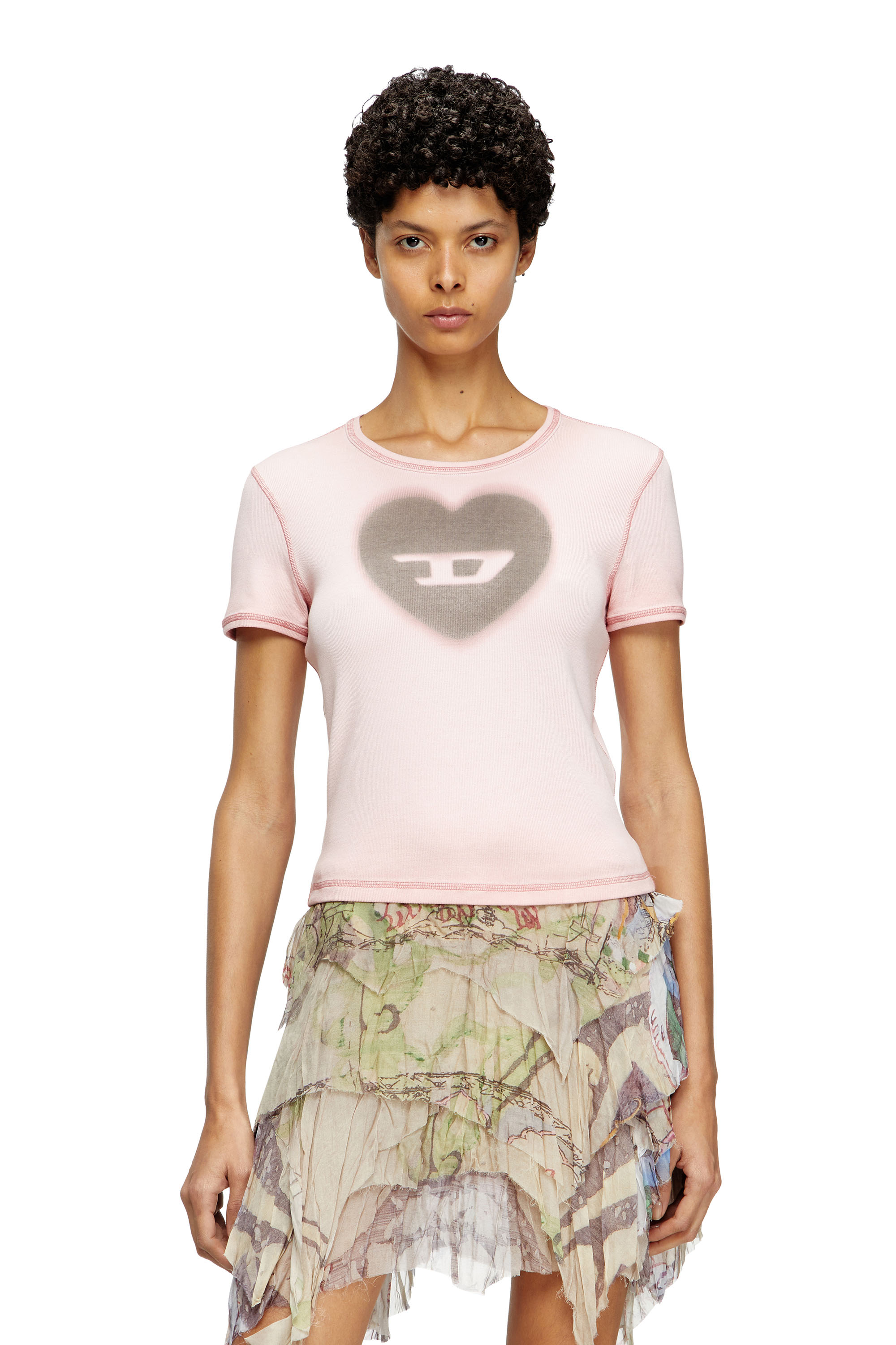 Diesel - T-ELE, T-shirt a costine con cuore D effetto acquerello Donna in Rosa - 3