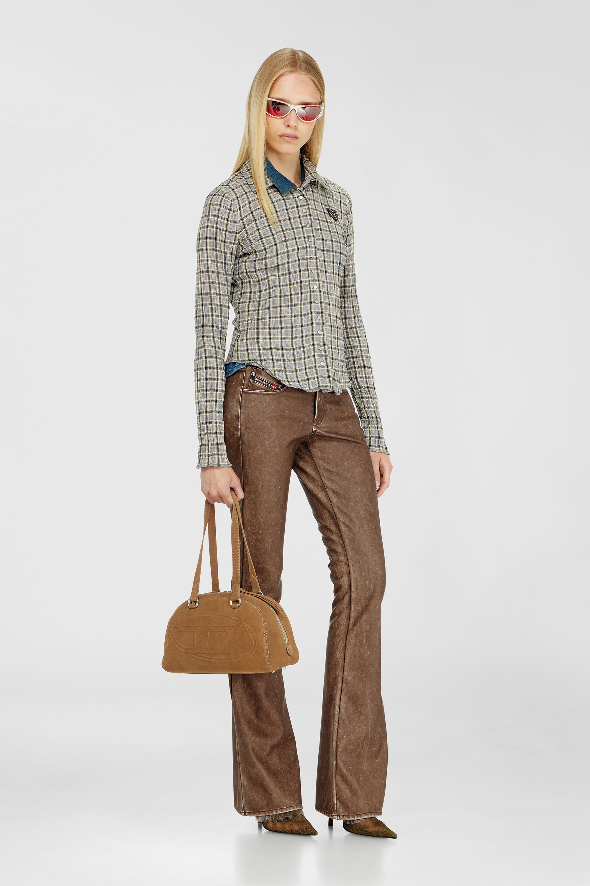 Diesel - C-ARRILON, Camicia a quadri effetto seersucker Donna in Grigio - 1