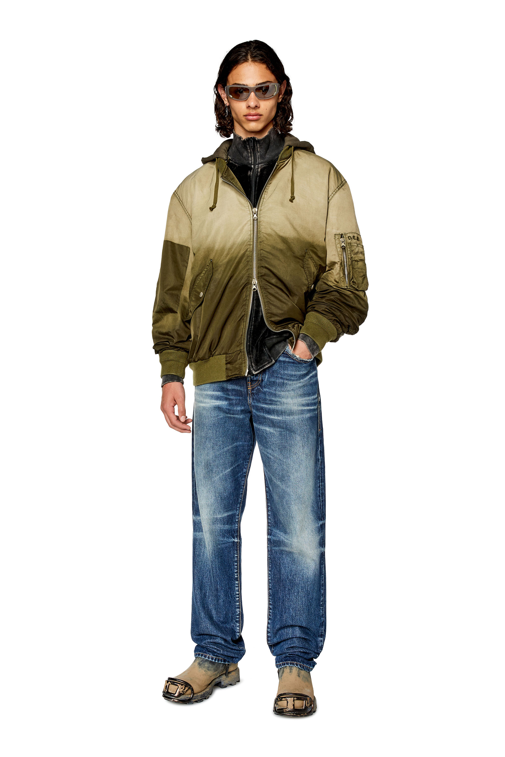 Diesel - J-COMMON, Bomber con cappuccio in raso di nylon Uomo in Marrone - 1