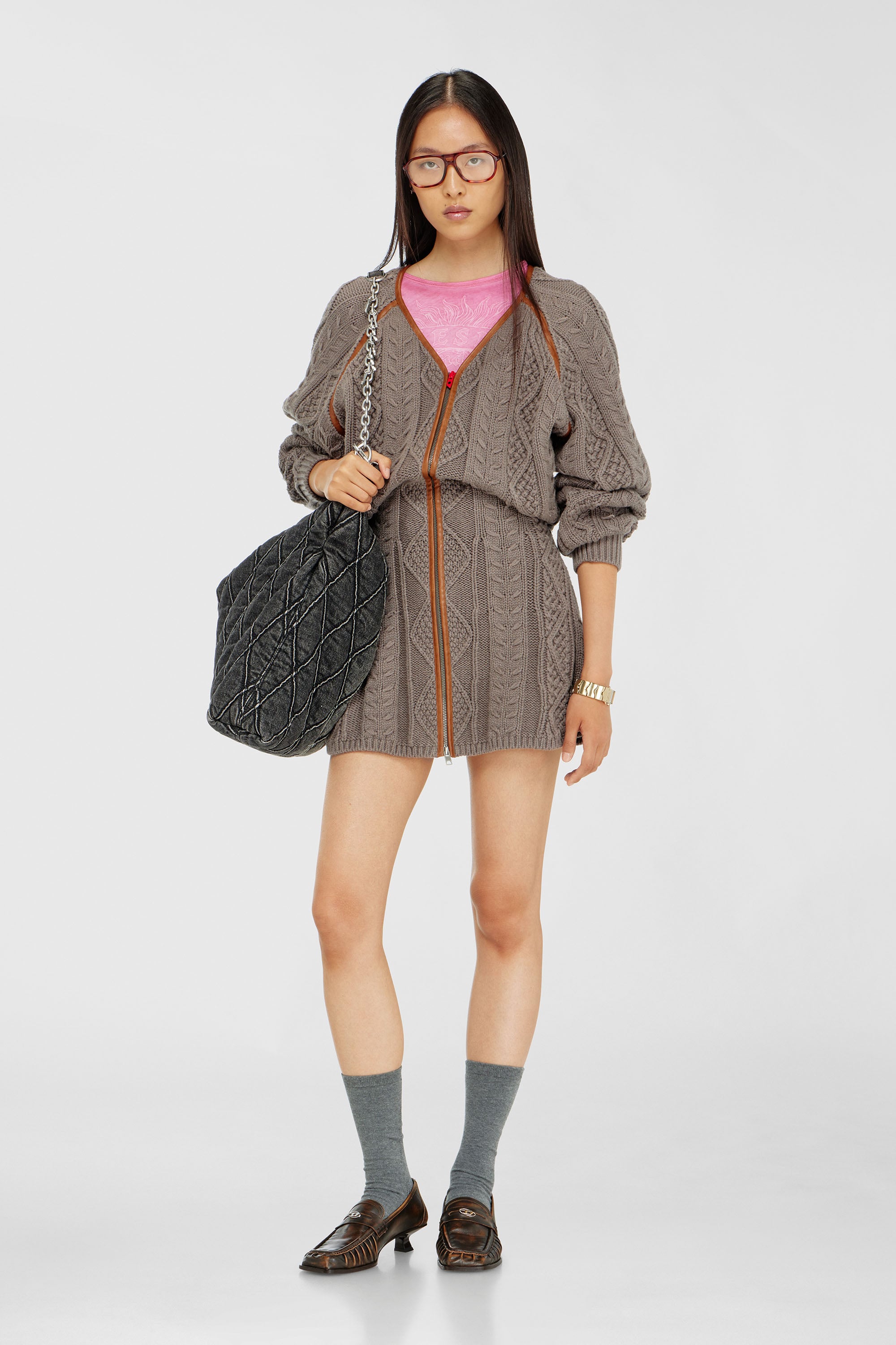 Diesel - M-INTESSE, Abito mini cardigan in maglia a trecce Donna in Grigio - 1