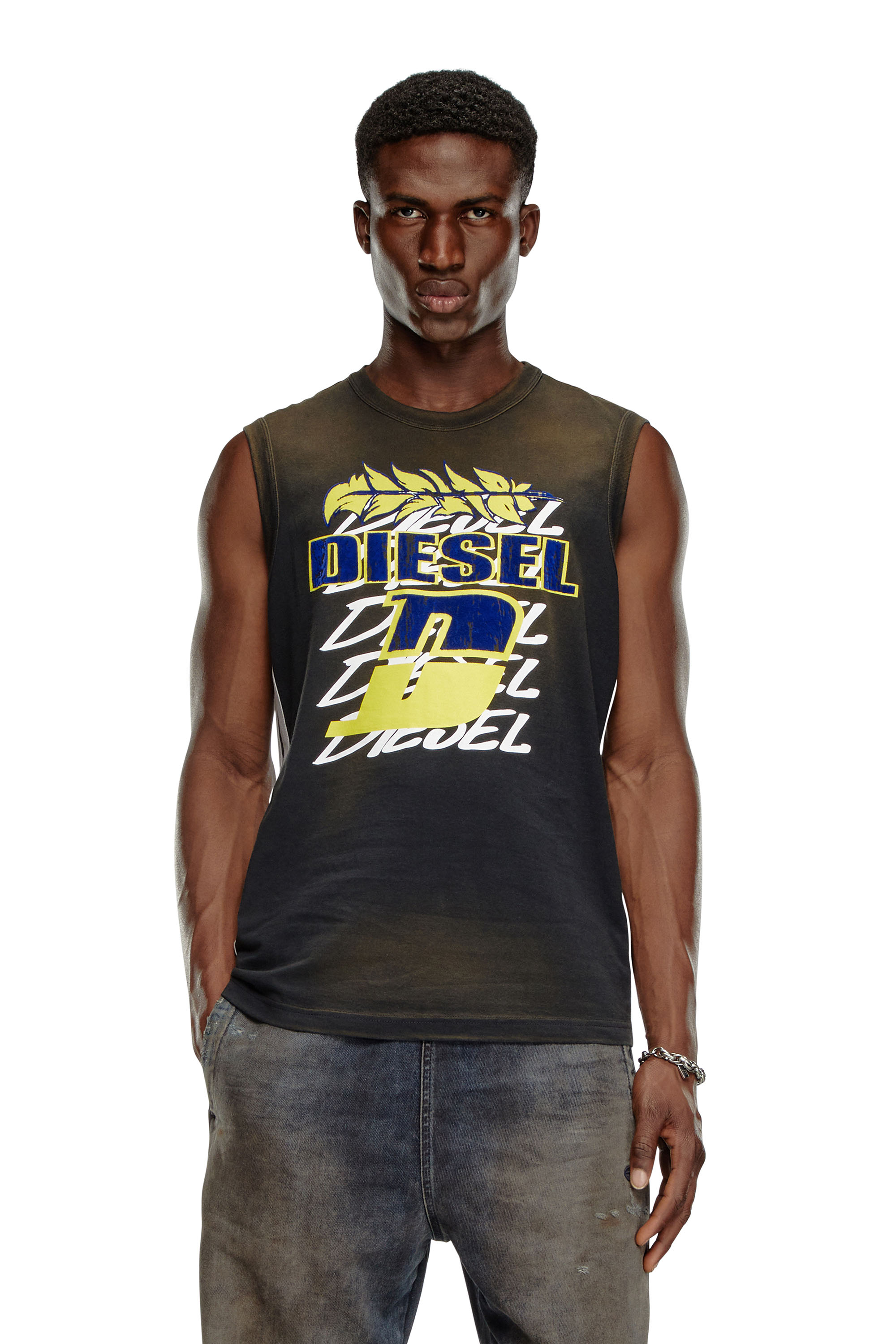 【DIESEL】T-Roxfino-Stripe Men's Faded T-shirt with flocked logo print | Black | Diesel