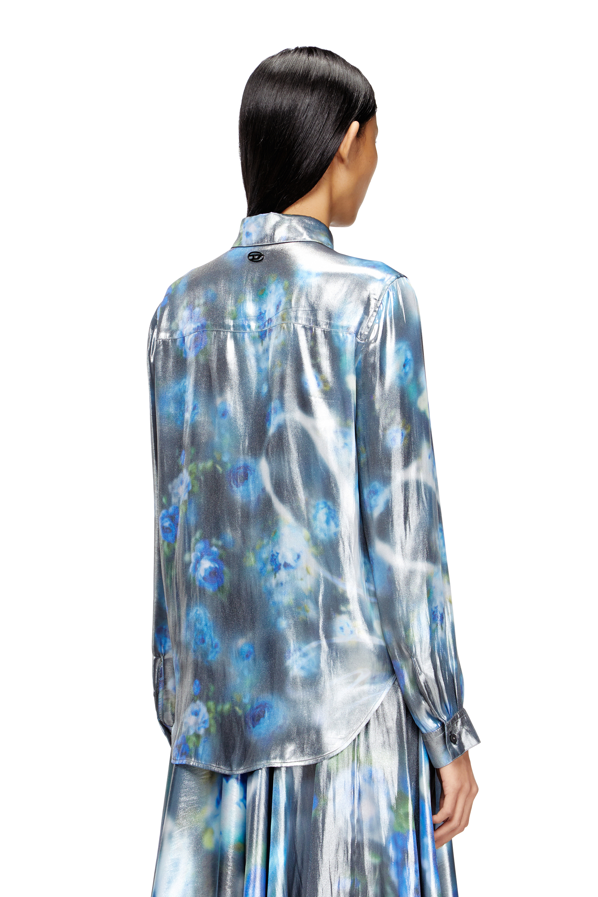 Diesel - C-RONOR-S2, Camicia effetto metallizzato e rose sfocate Donna in Blu - 4