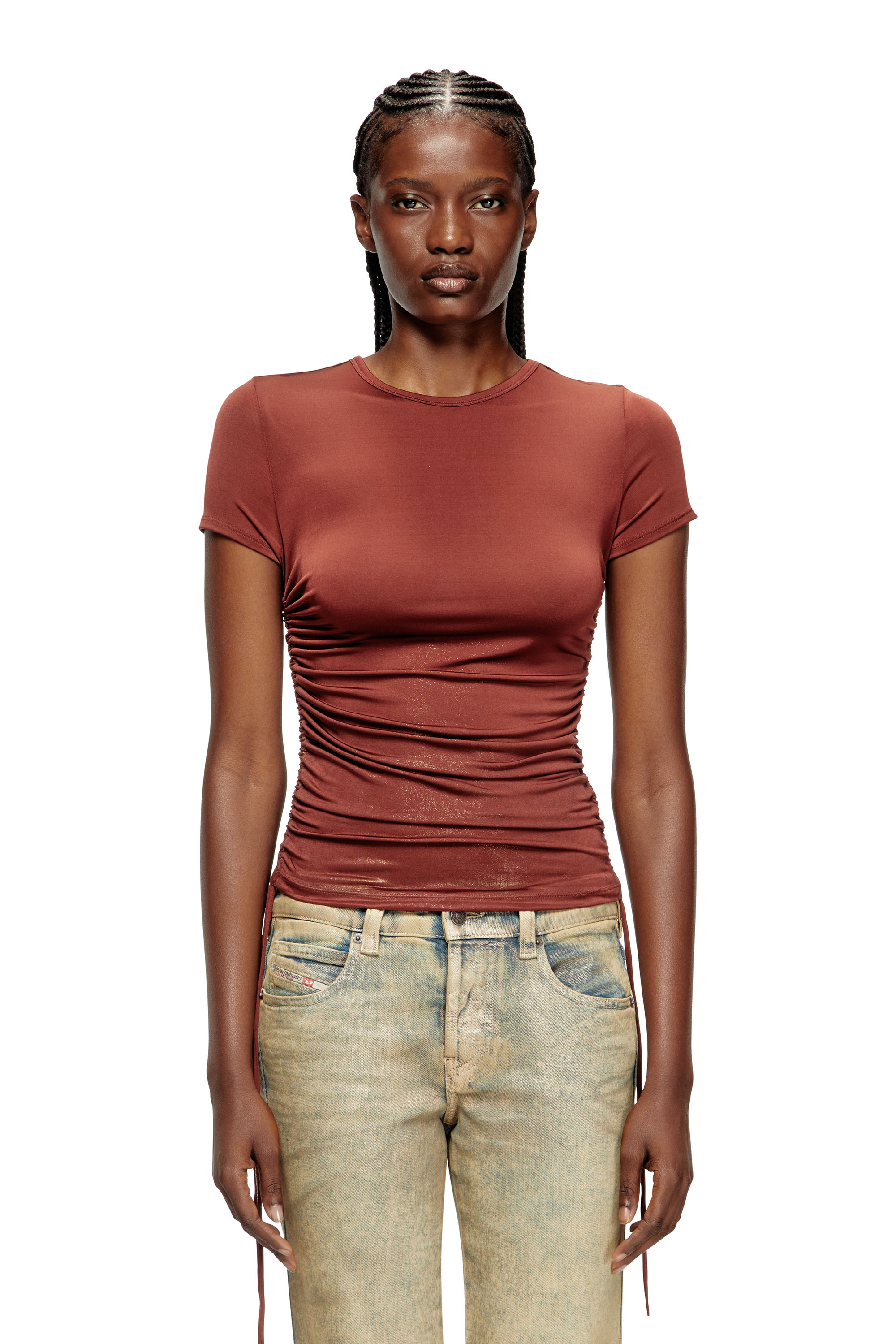 Diesel - T-REY, Jersey top con coulisse sui fianchi Donna in Marrone - 1
