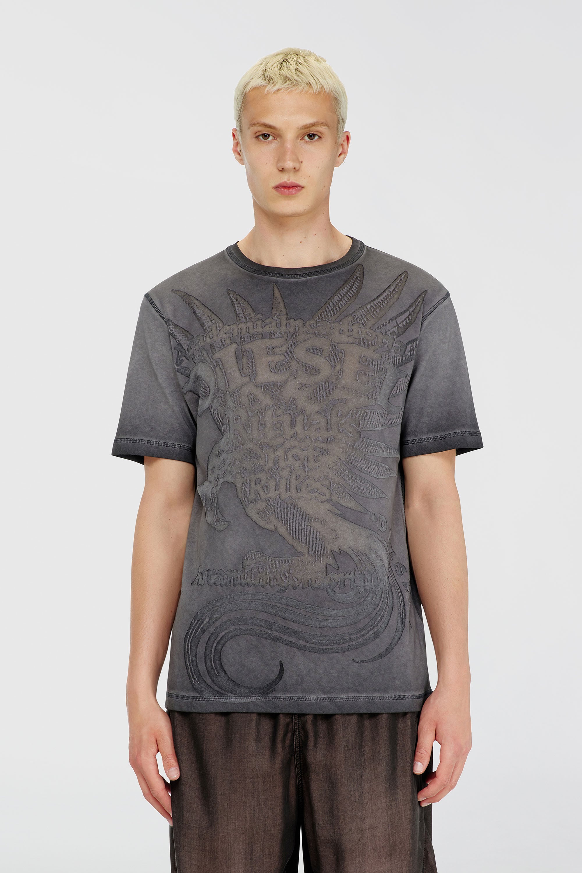 Diesel - T-RAWJUST-AA1, T-shirt in jersey con grafica in rilievo Uomo in Grigio - 1