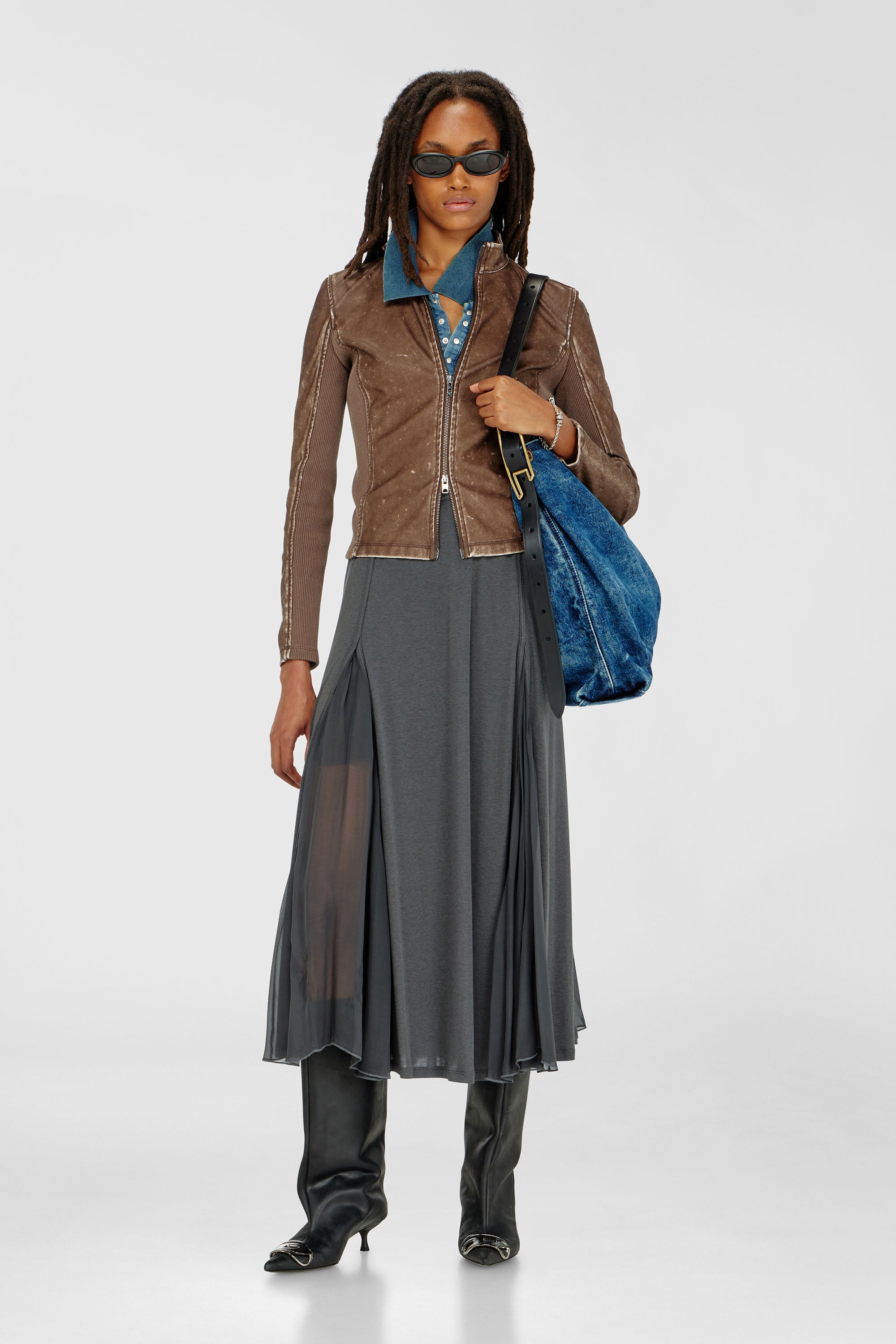 Diesel - O-LONGREI, Gonna midi in jersey a costine e chiffon Donna in Grigio - 1