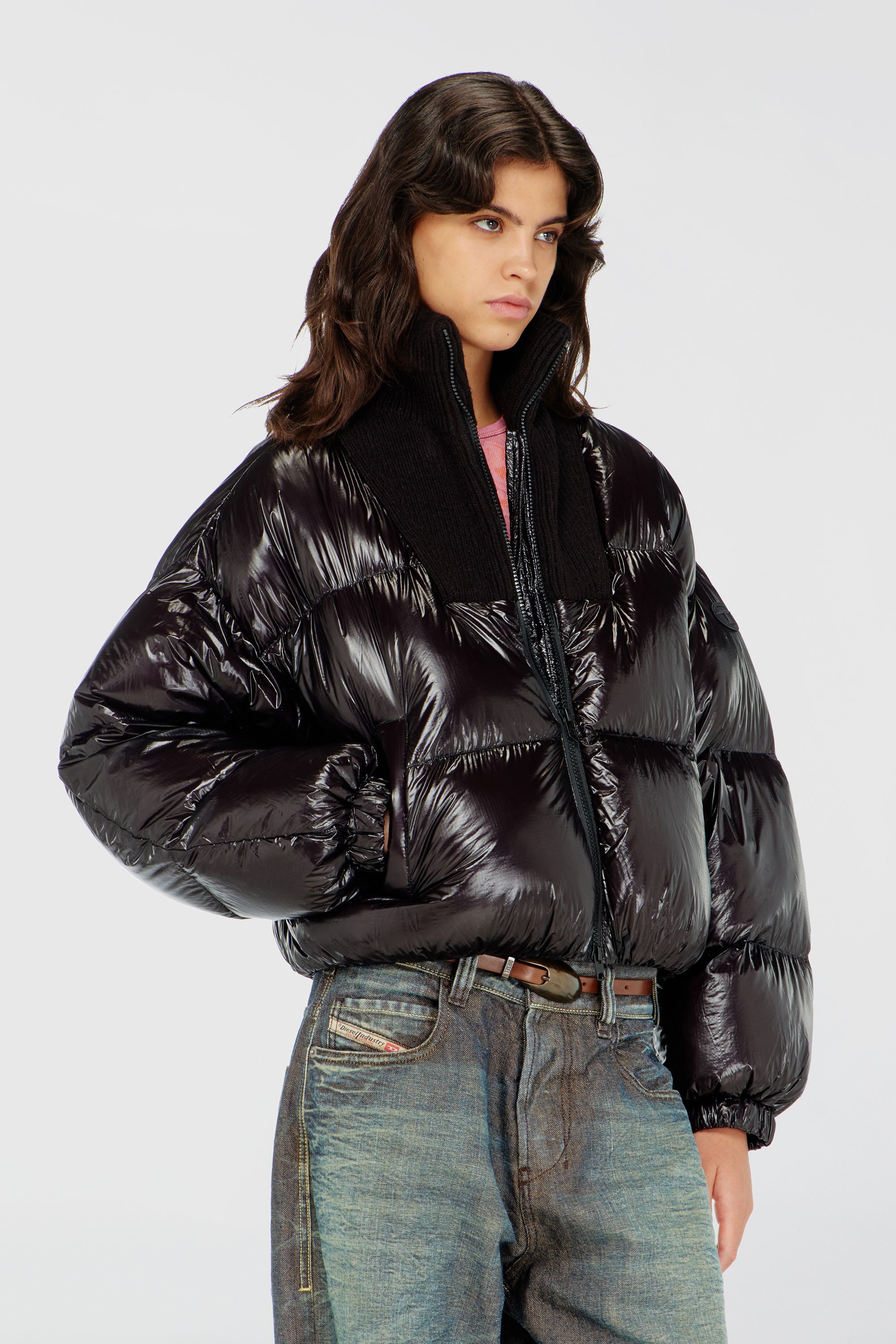 Diesel - W-ARRIOR, Piumino down in ripstop con collo a maglia Donna in Nero - 1