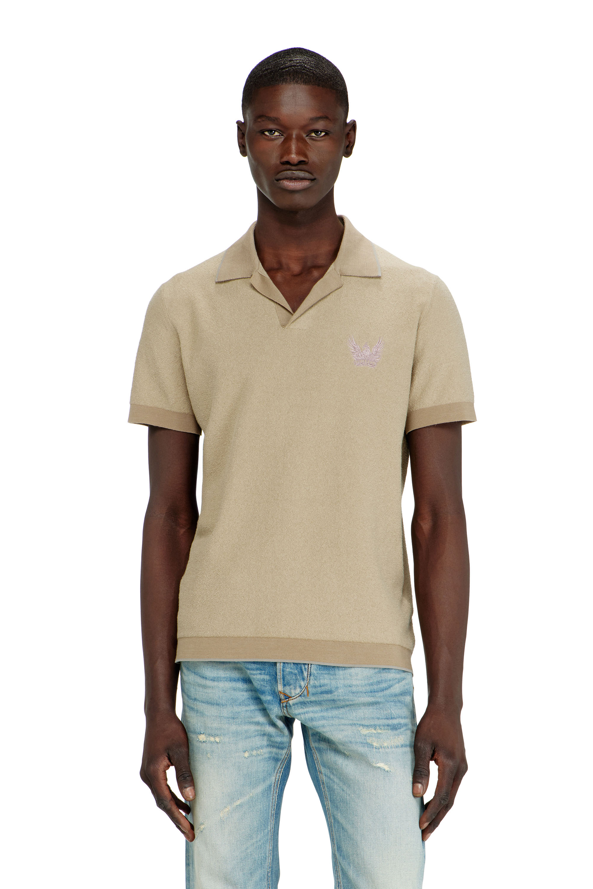 Diesel - K-RAILES, Polo in maglia boucl&eacute; con logo Phoenix Uomo in Beige - 3