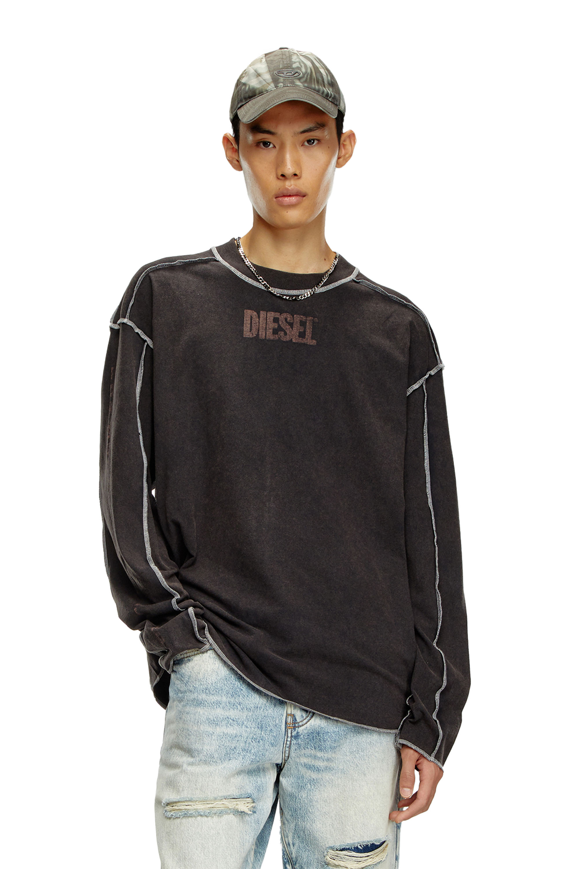 Diesel - T-CRAOR-LS, T-shirt a maniche lunghe con effetto inside-out Uomo in Grigio - 1