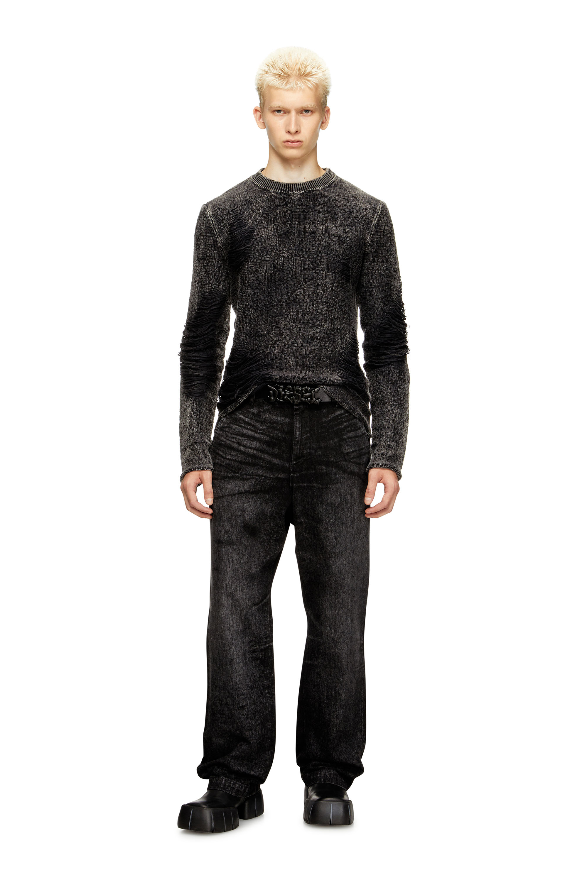 Diesel - K-FJORDI-ROUND, Maglione destroyed con fili fluttuanti Uomo in Nero - 2