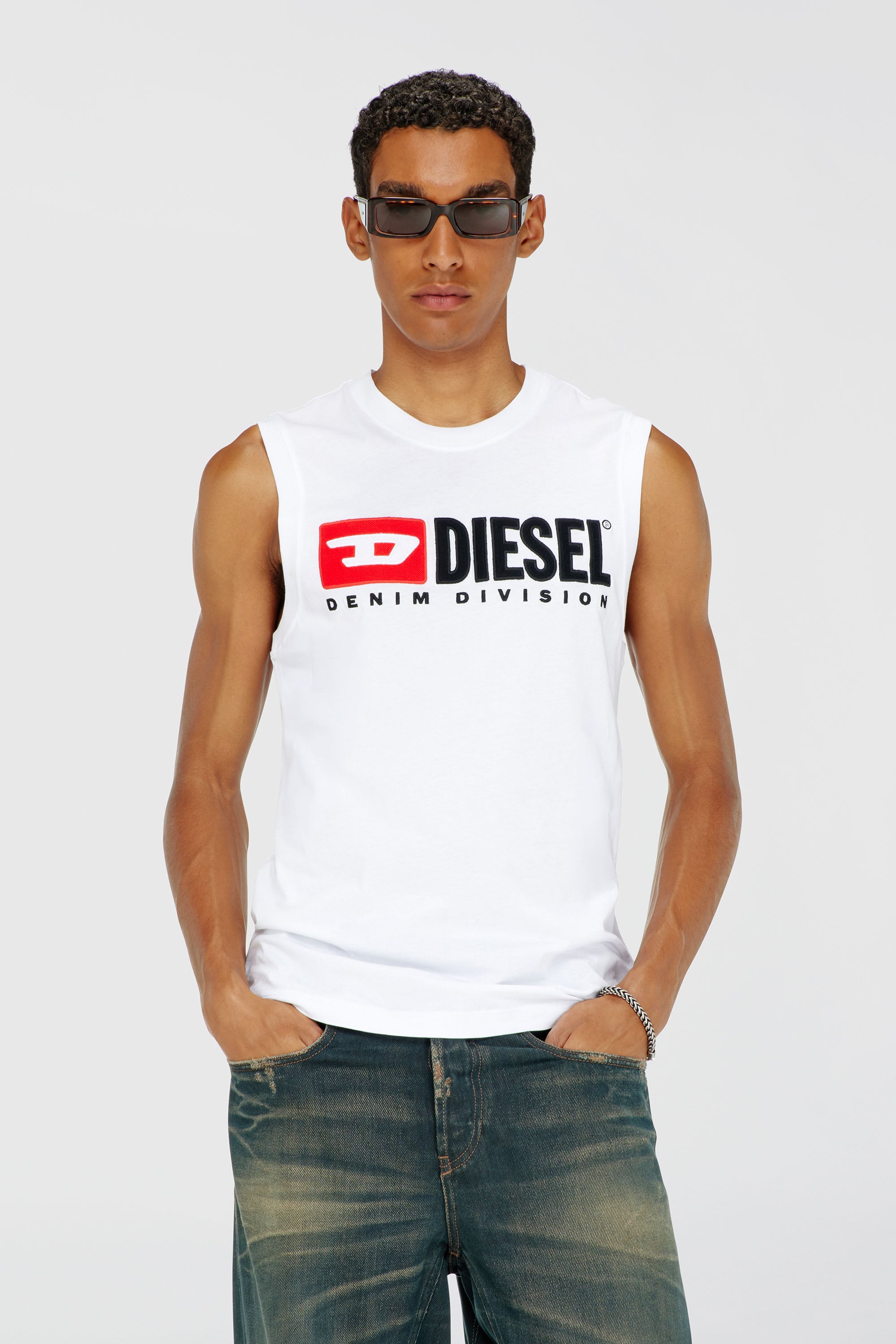 Diesel - T-ISCO-DIV, Canotta con stampa logo sul petto Uomo in Bianco - 1