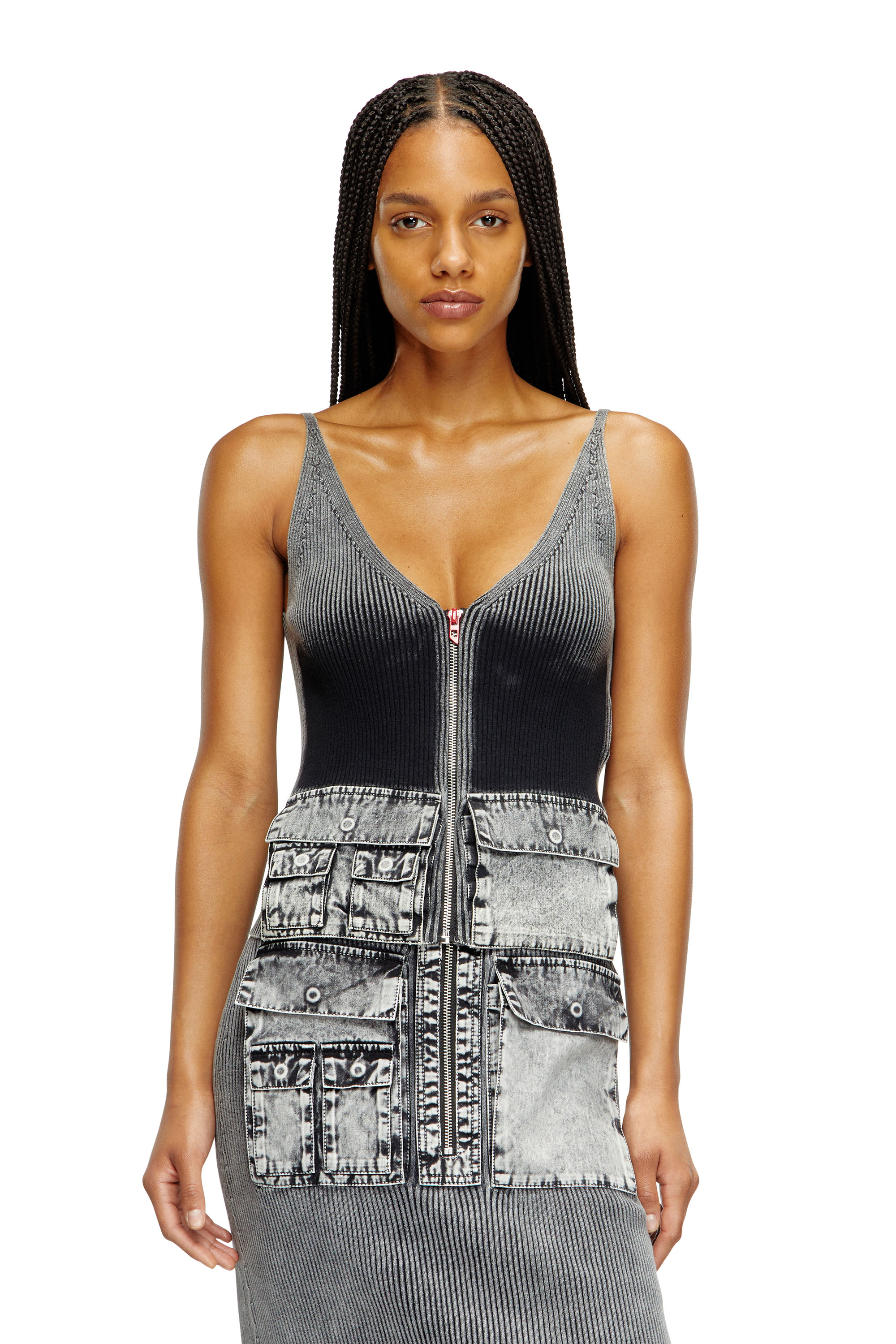 Diesel - M-MELLY, Tank top in maglia con tasche in denim Donna in Grigio - 3