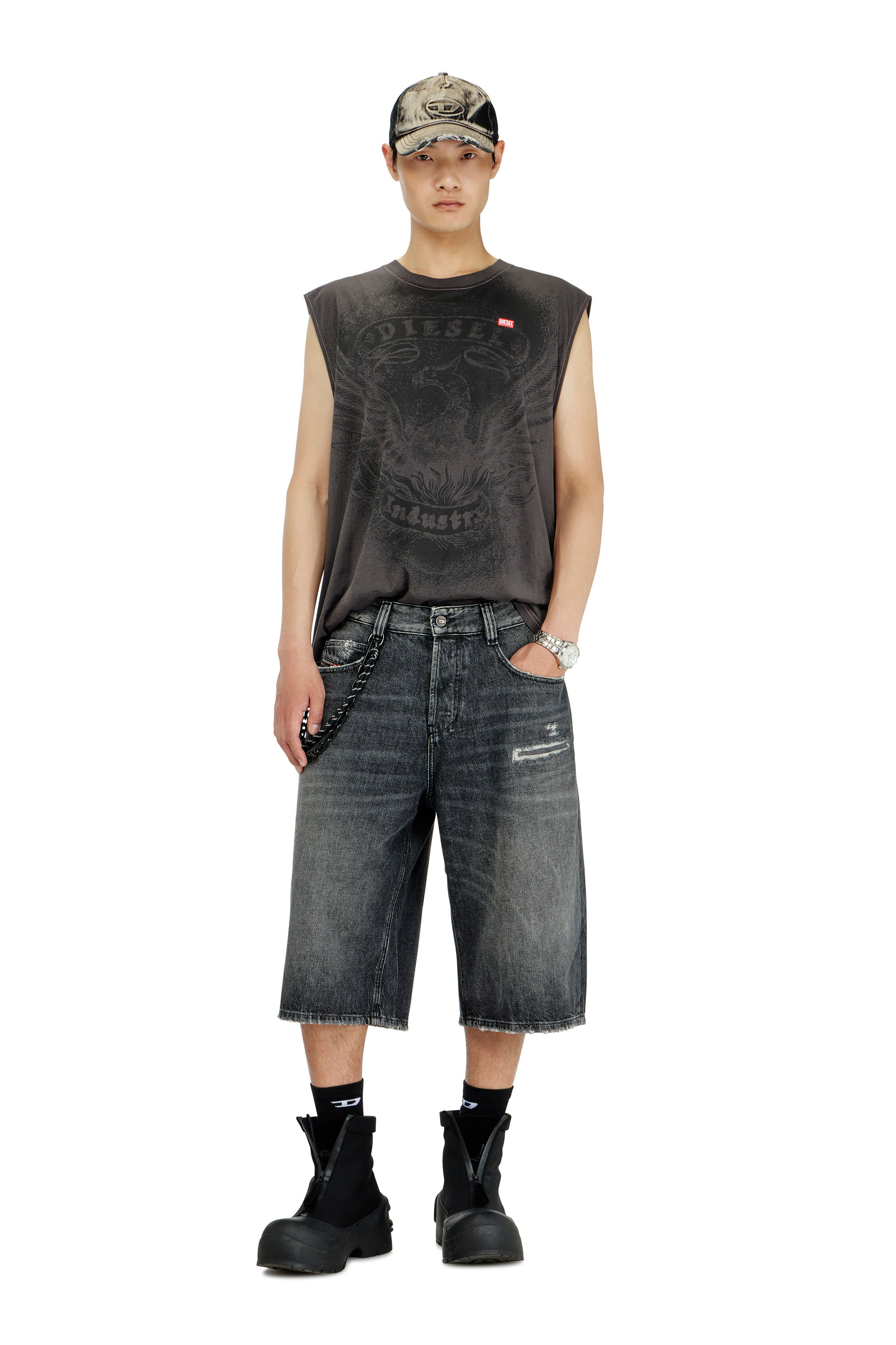 Diesel - D-ENIM-M-SHORT, Pantaloni corti relaxed in denim con rotture Unisex in Grigio - 1