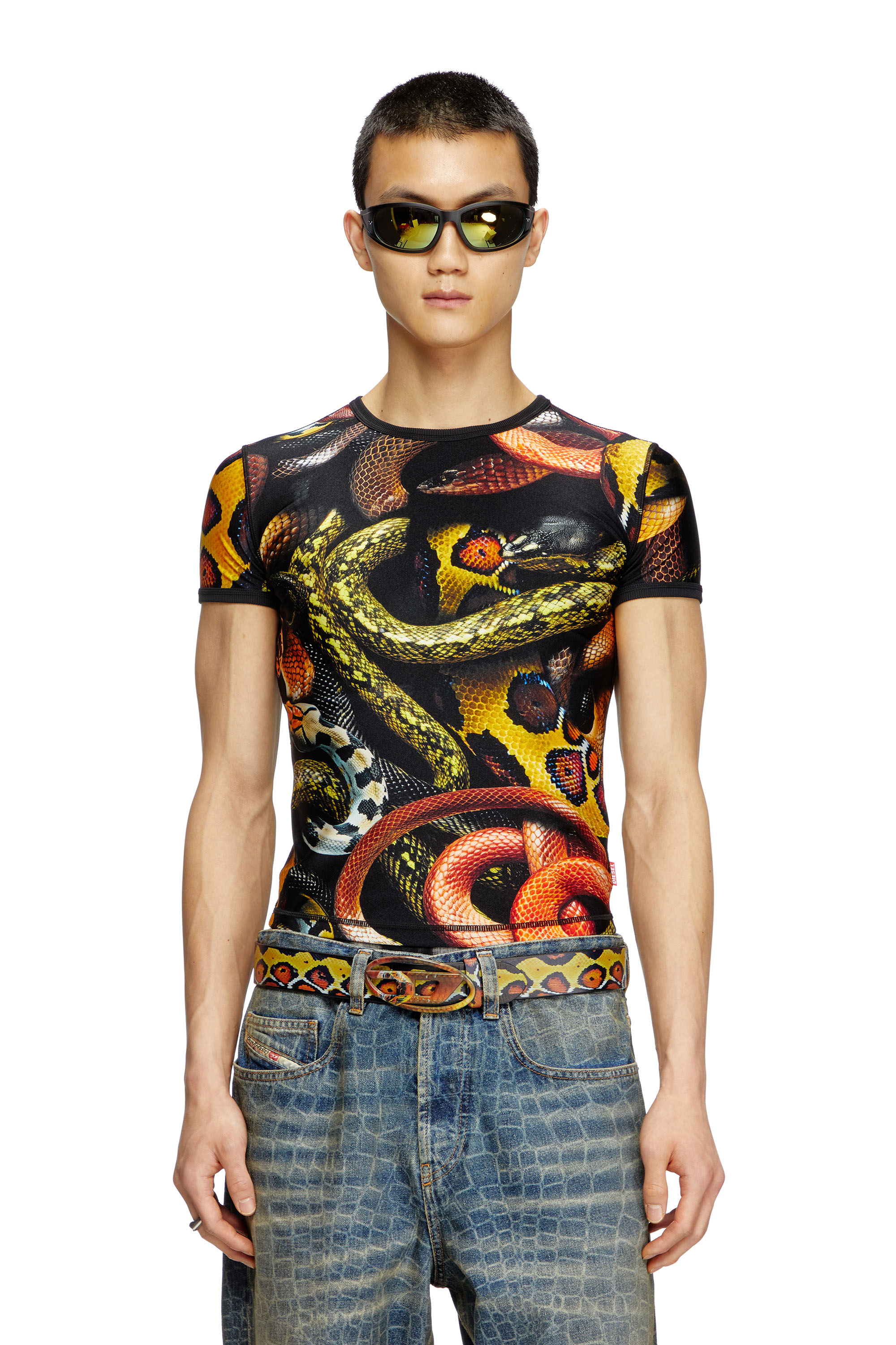 Diesel - CL-T-UNCLE-SNAKE, T-shirt in Lycra con stampa snake all-over Unisex in Multicolor - 1