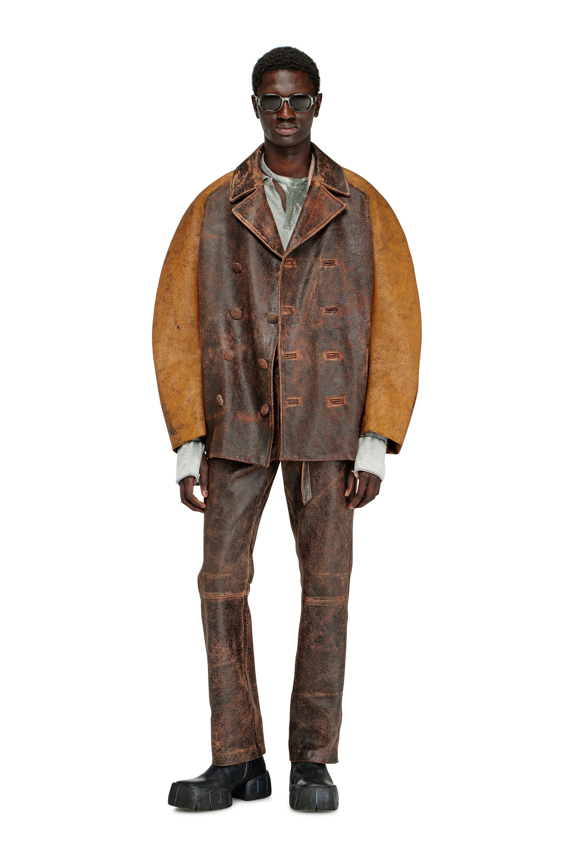 Diesel - L-NAHUN, Caban ampio in pelle craquel&eacute; Uomo in Marrone - 1