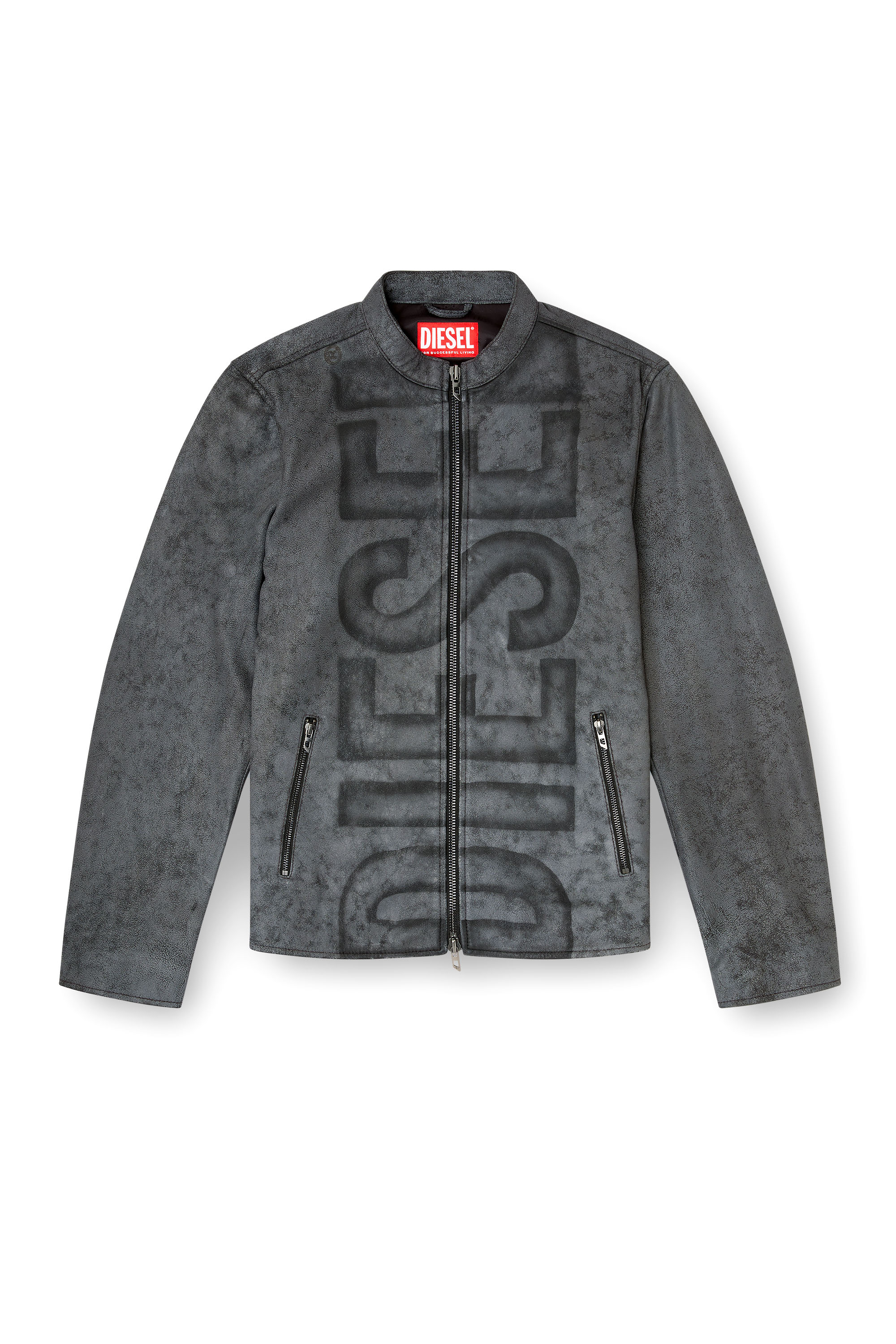 Diesel - L-EVERT-A, Giacca biker in pelle trattata con logo Uomo in Grigio - 3
