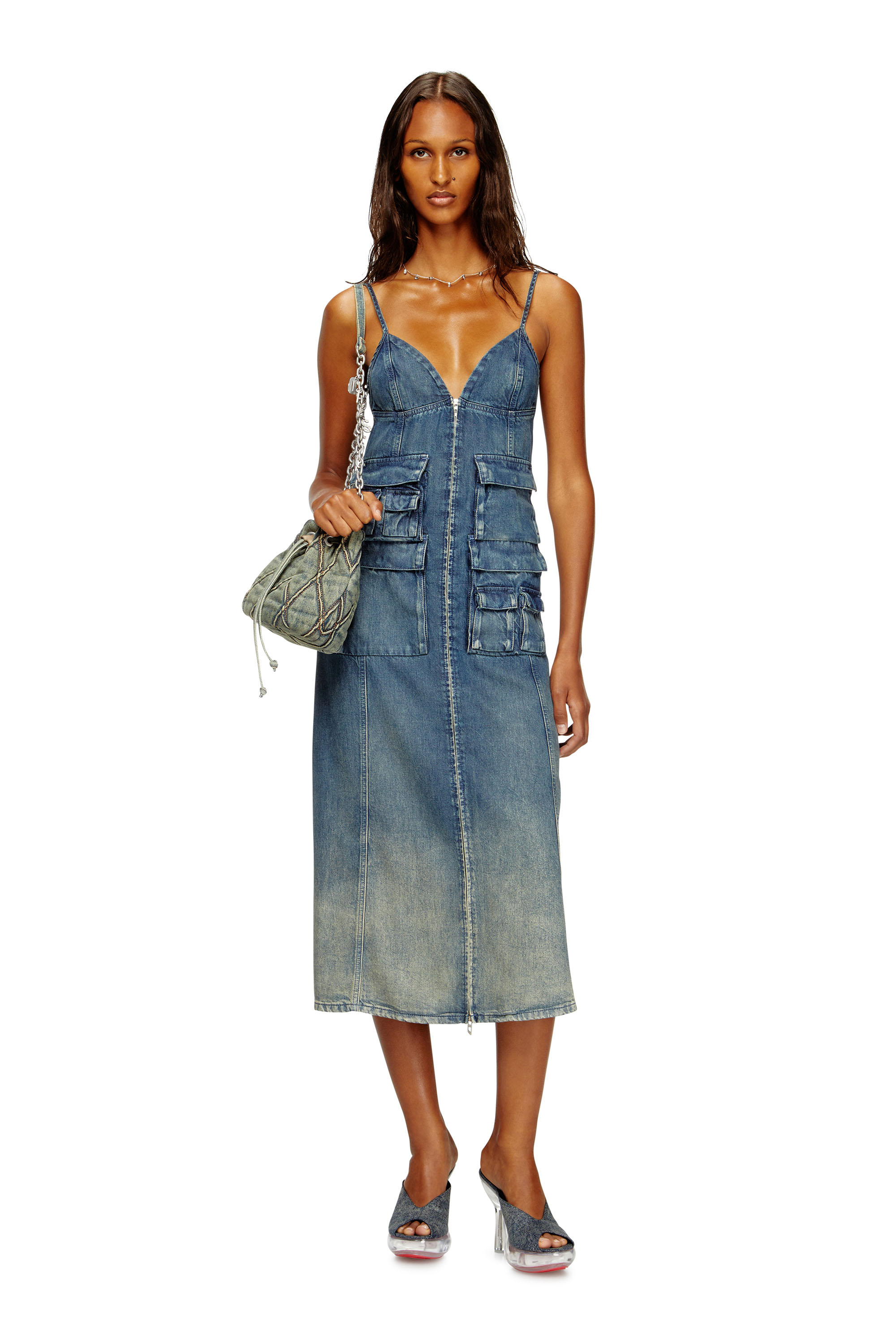 Diesel - DE-MELVI-S, Woman's Dress in fluid laser-worn denim in Medium blue - 1
