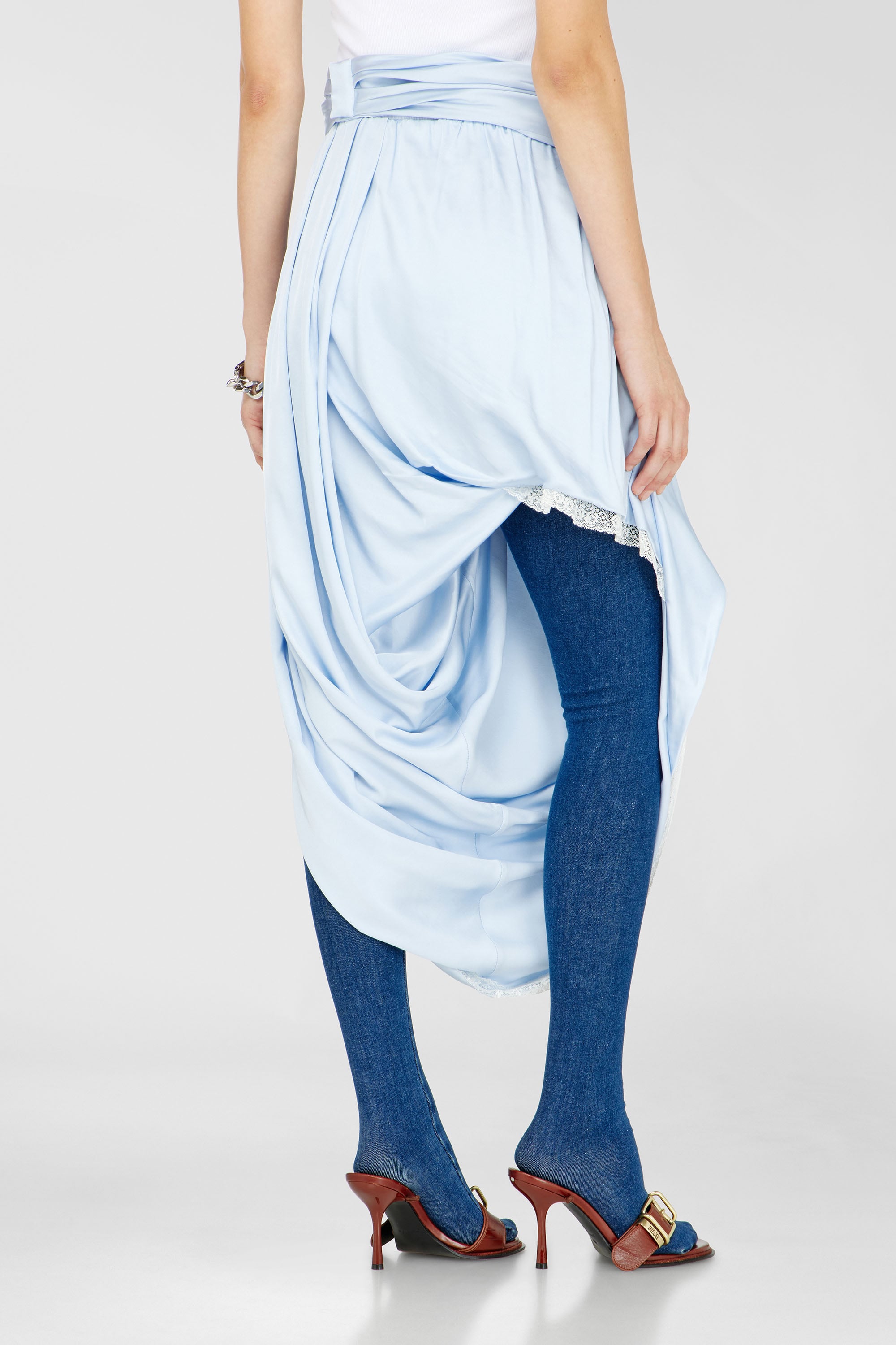 Diesel - O-WANDA, Gonna midi in raso drappeggiato con bordo in pizzo Donna in Blu - 4