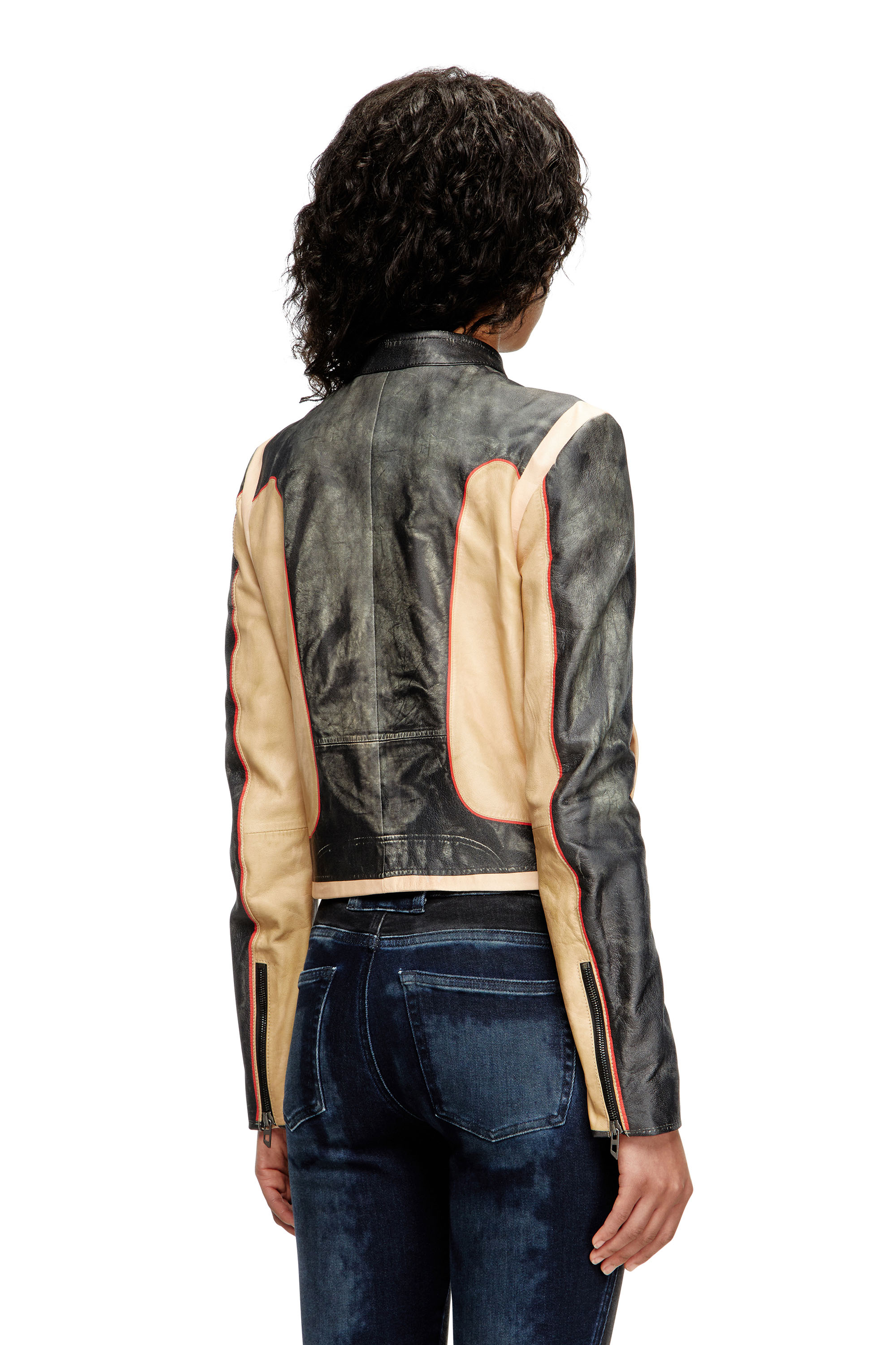 Diesel - L-OONIE, Giacca biker in pelle effetto trompe l'oeil Donna in ToBeDefined - 4