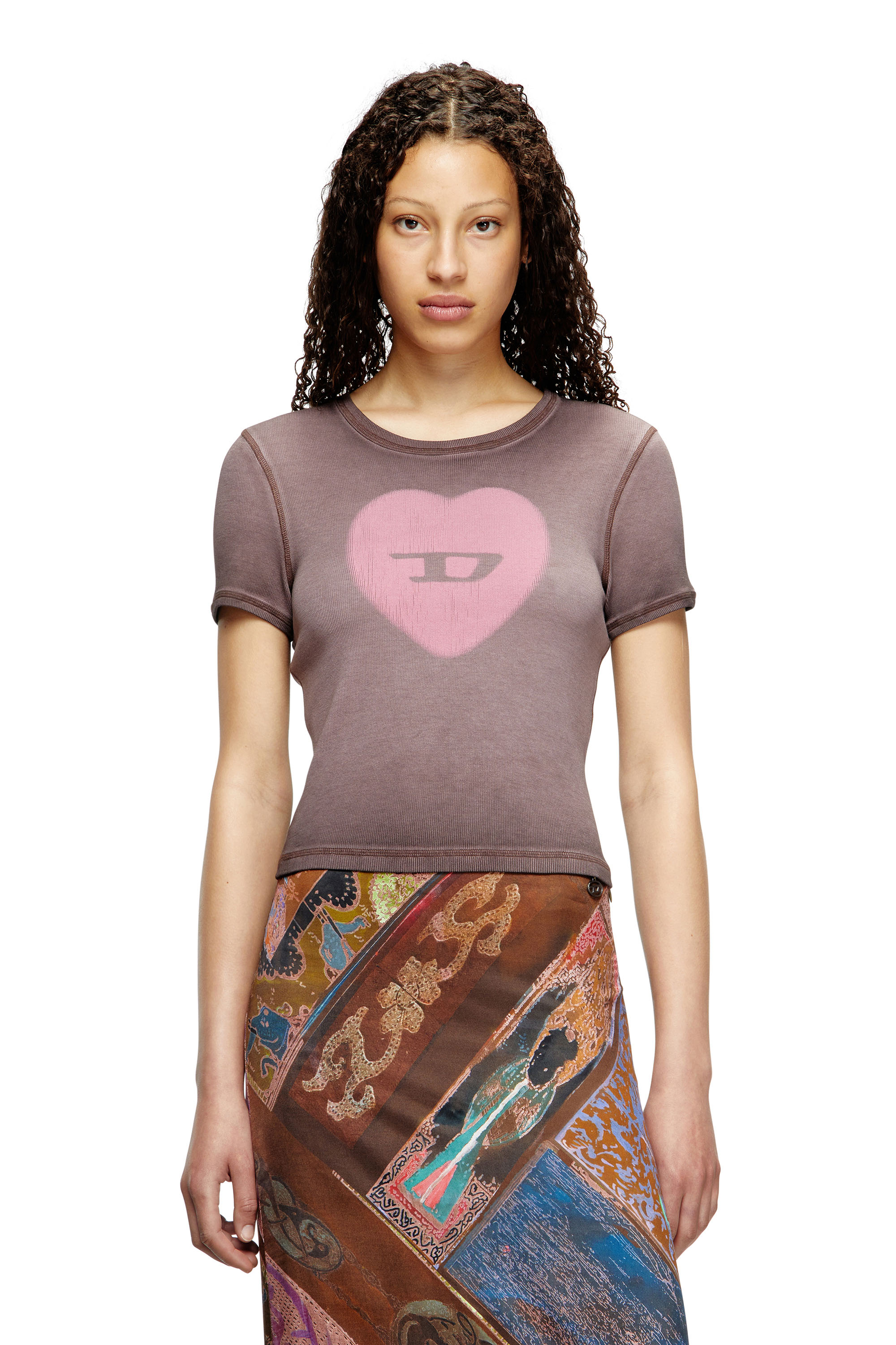 Diesel - T-ELE, T-shirt a costine con cuore D effetto acquerello Donna in Viola - 3