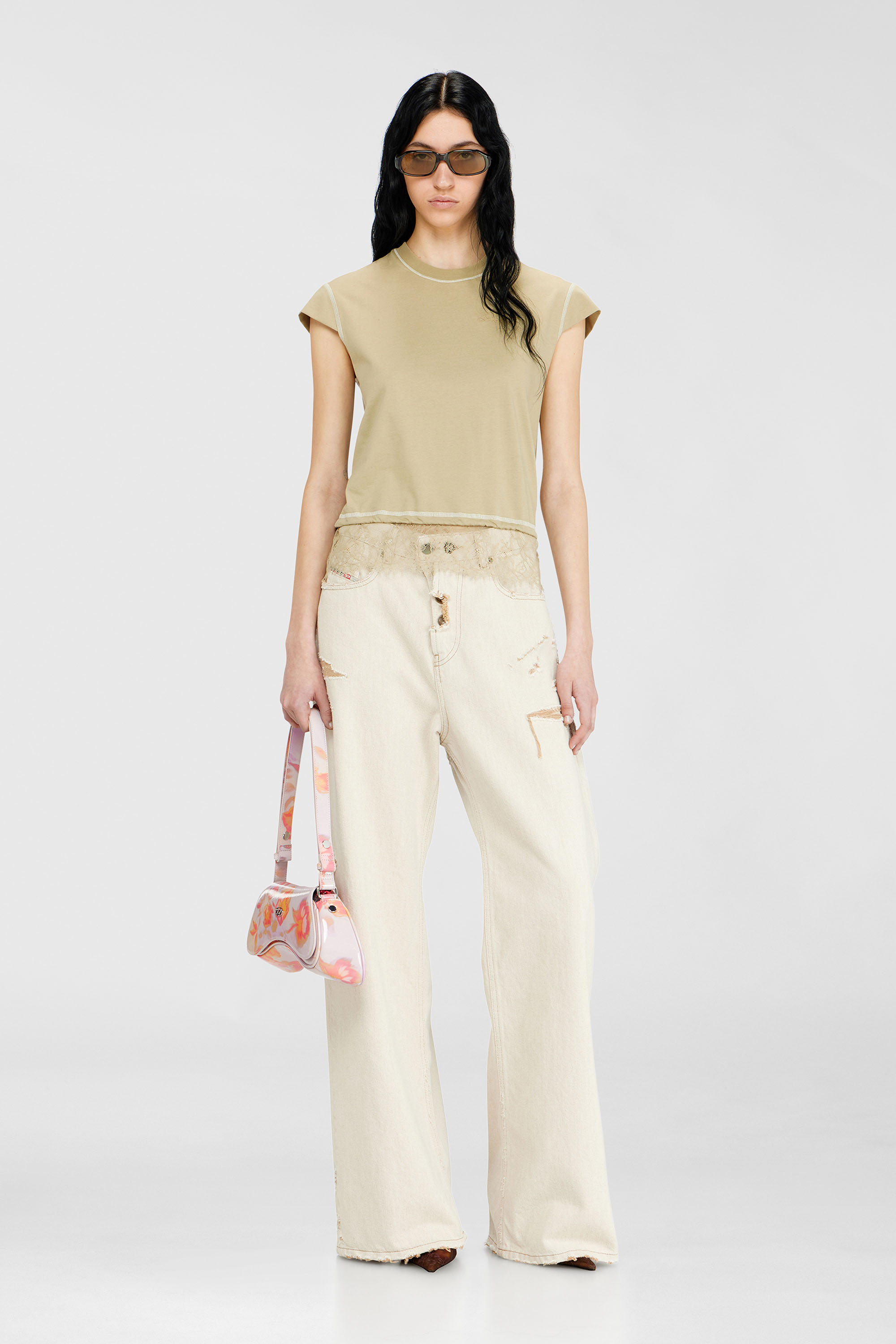 Diesel - T-LUNA, T-shirt in jersey con orlo in pizzo Donna in Beige - 2