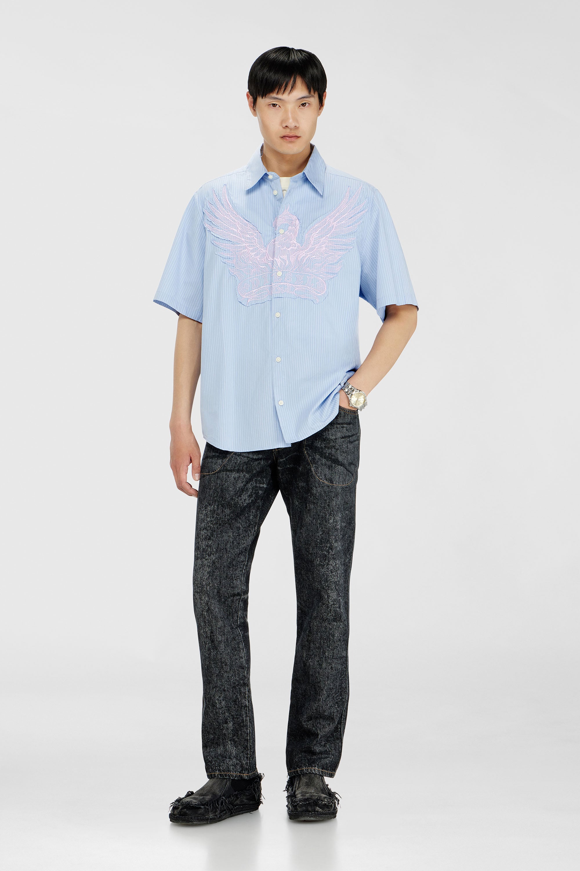 Diesel - S-SIMPLY-SS-AGCZ, Camicia in popeline a righe con patch ricamato Uomo in Blu - 2